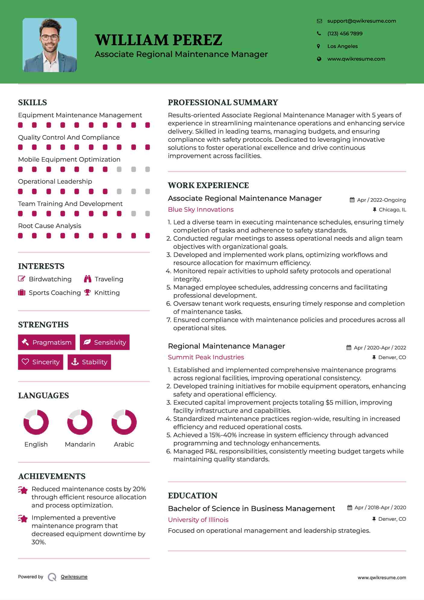 Associate Regional Maintenance Manager Resume Sample