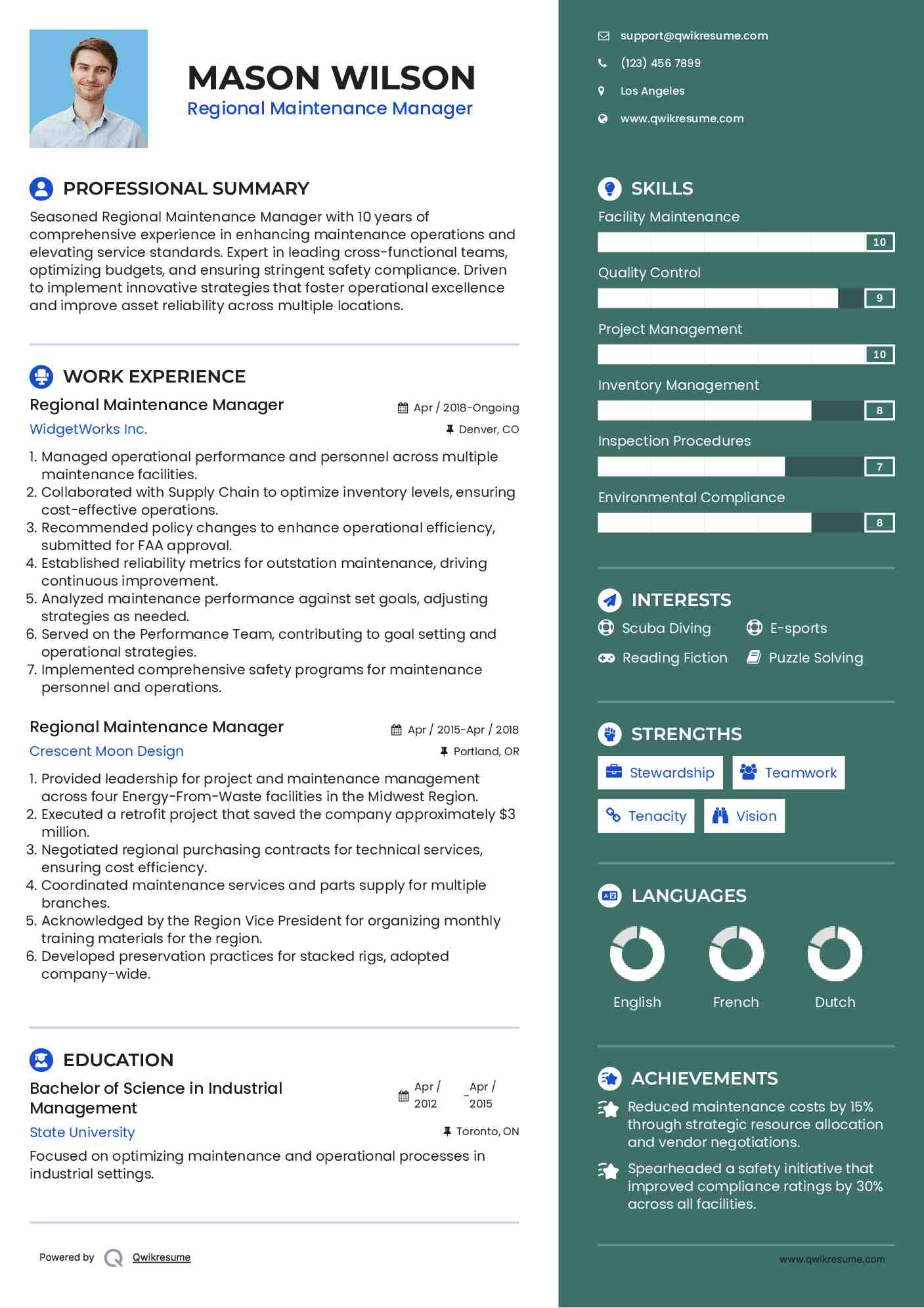 Regional Maintenance Manager Resume Example