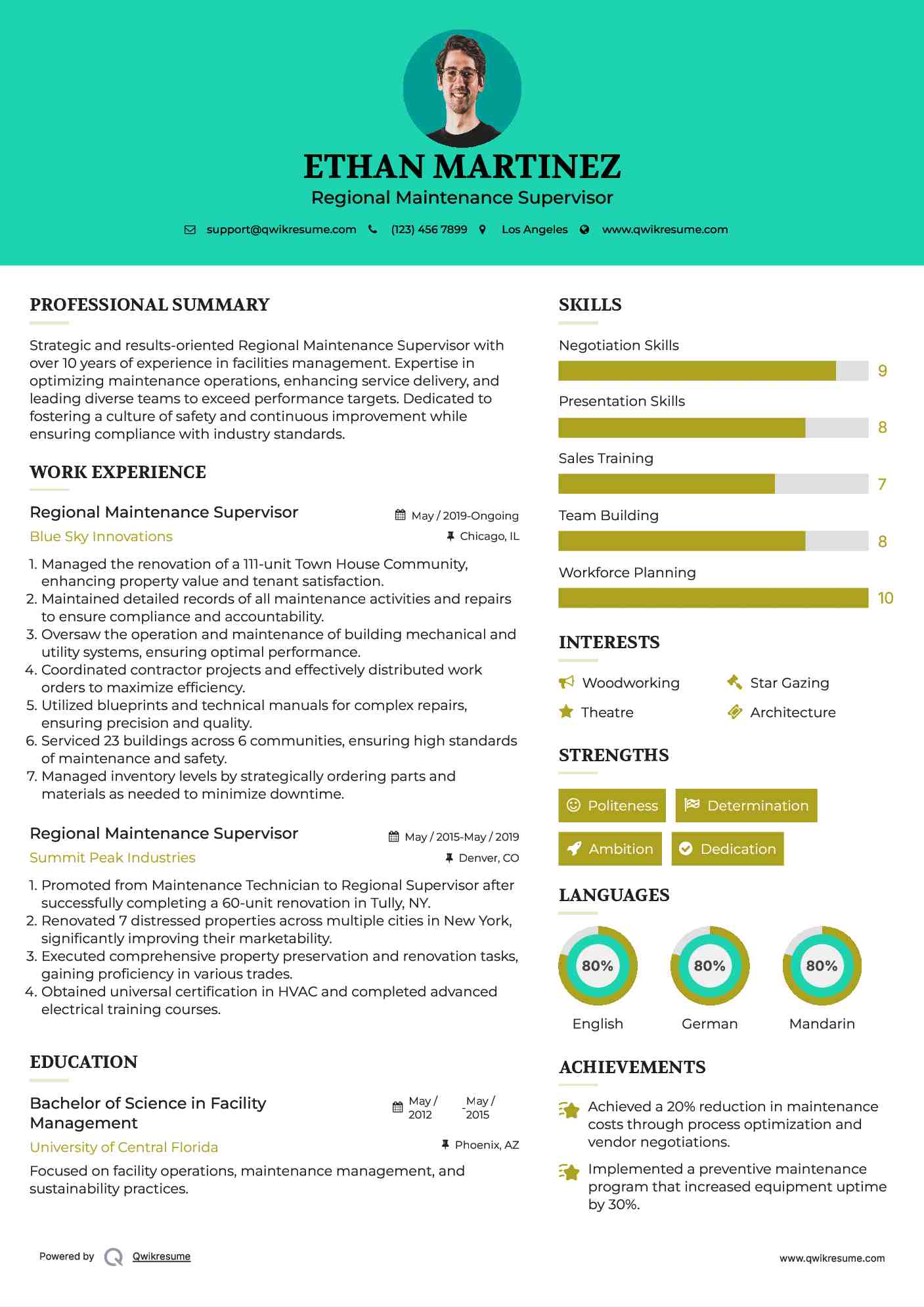 Regional Maintenance Supervisor Resume Format