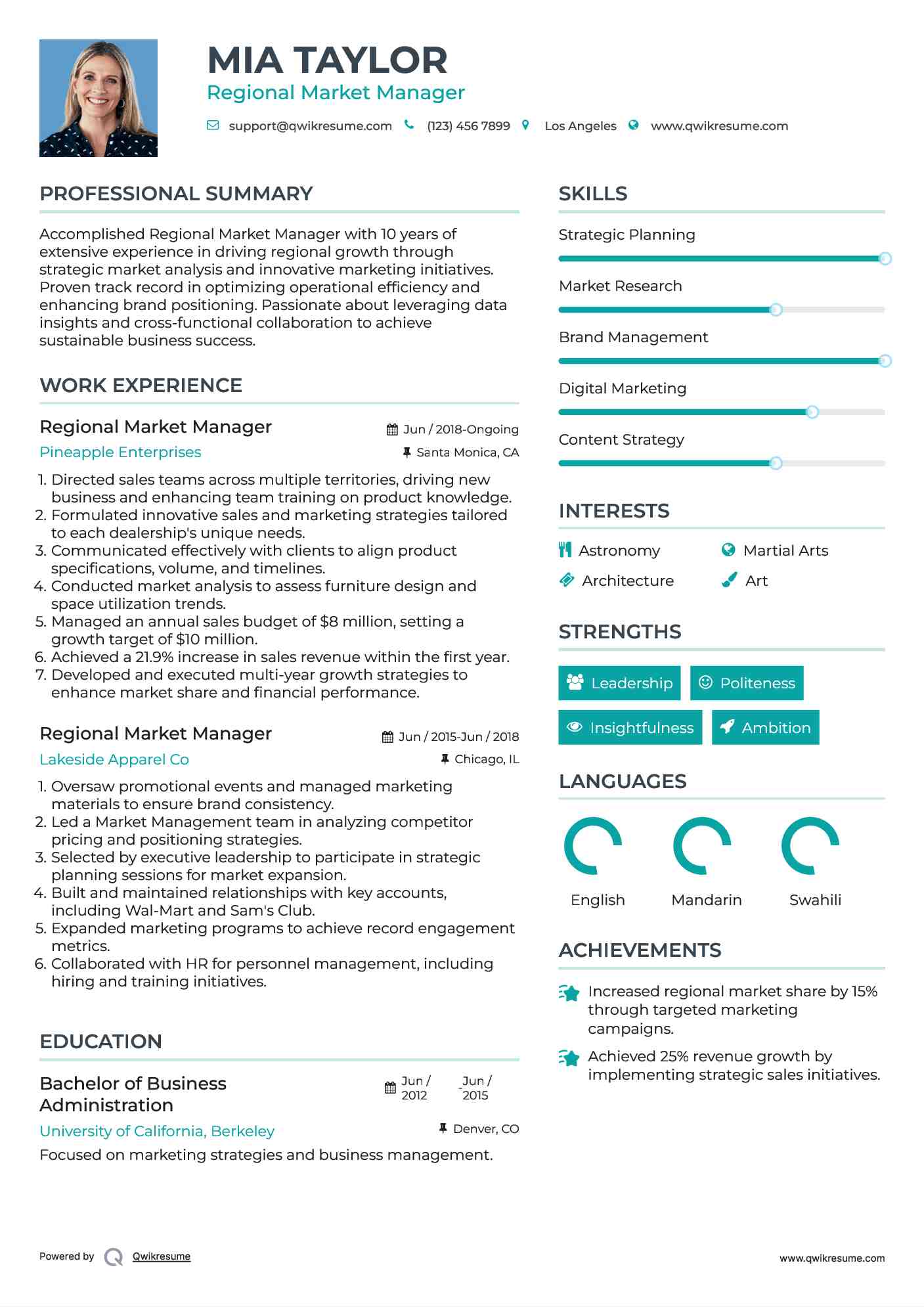 Regional Market Manager Resume Sample