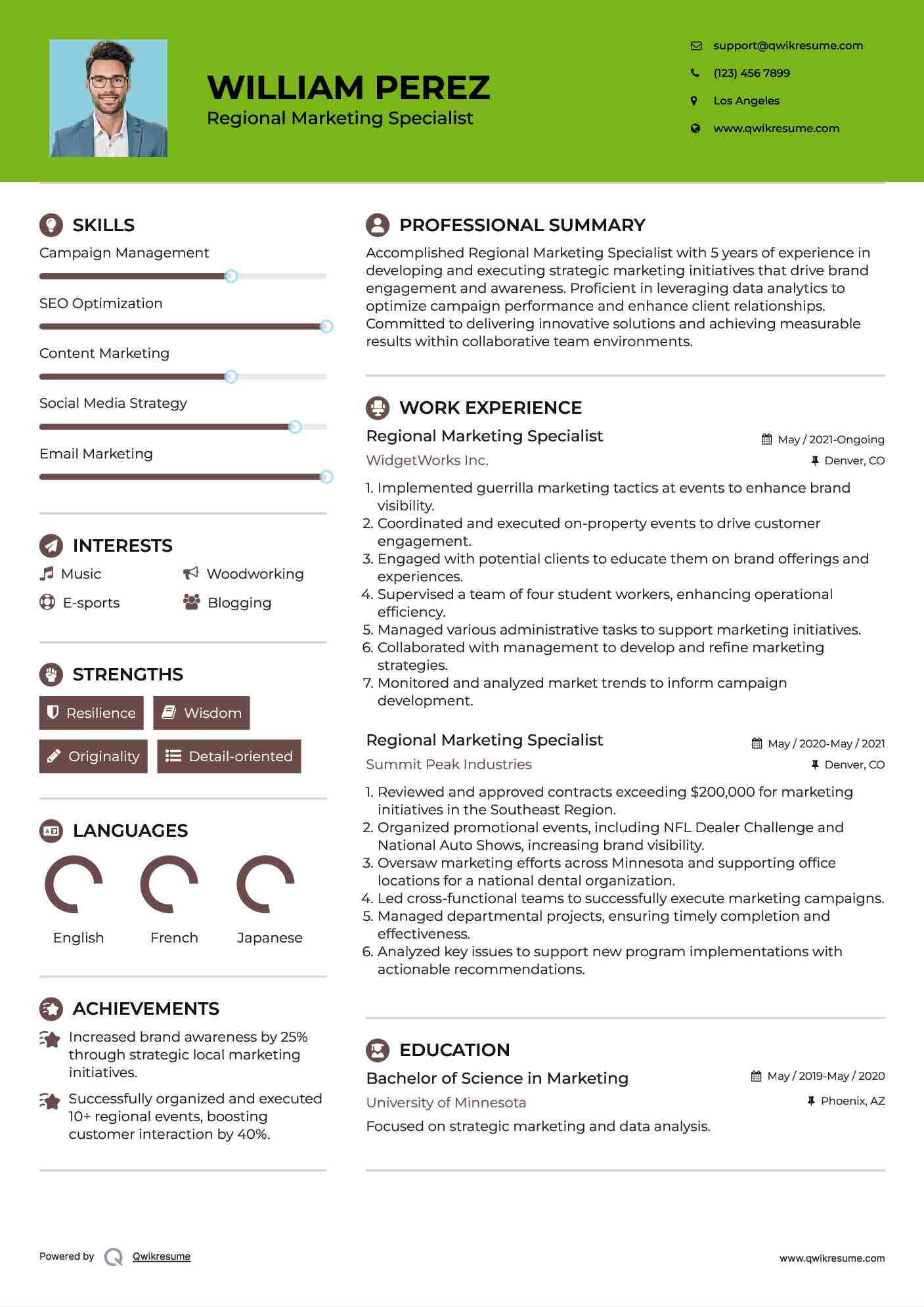 Regional Marketing Specialist Resume Model