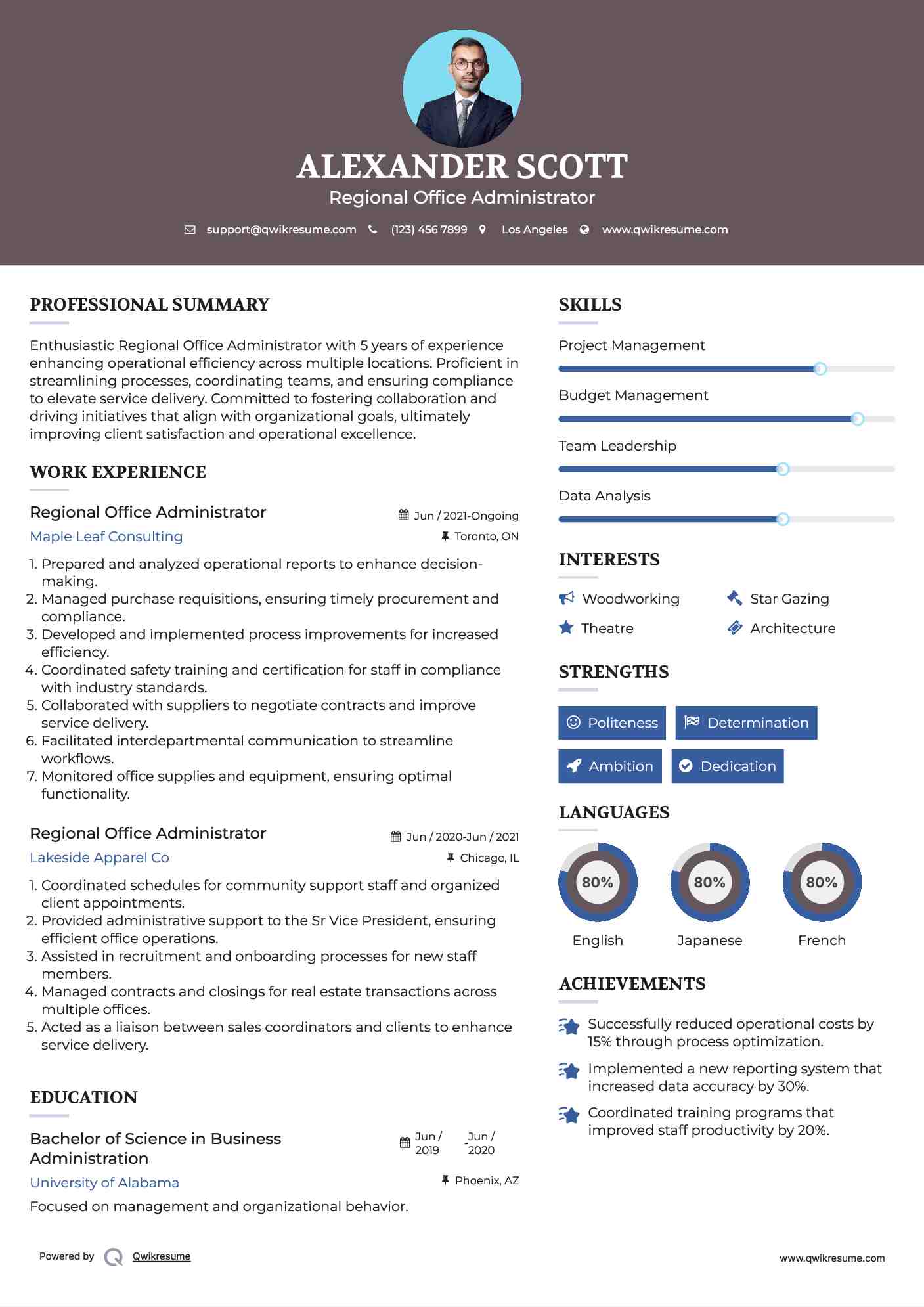Regional Office Administrator Resume Template