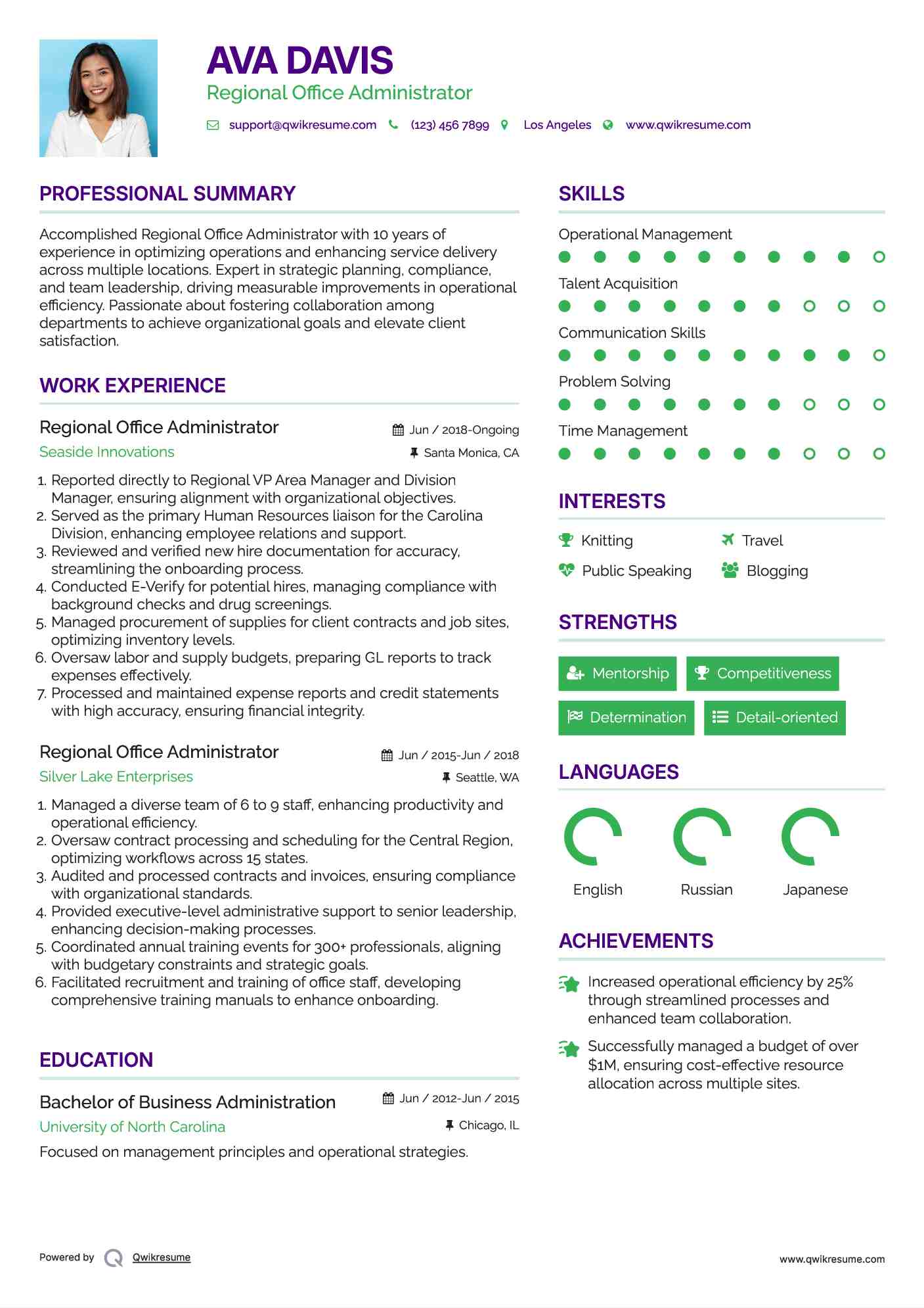 Regional Office Administrator Resume Template