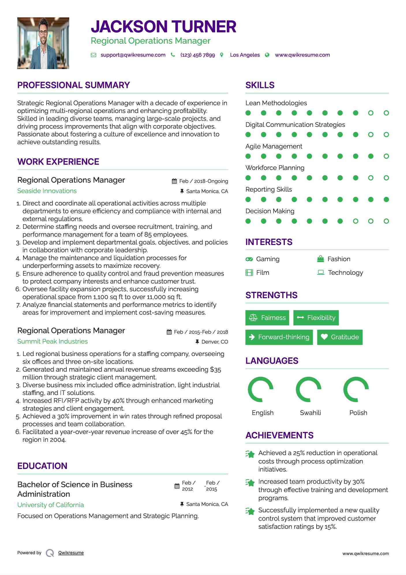 Regional Operations Manager Resume Model