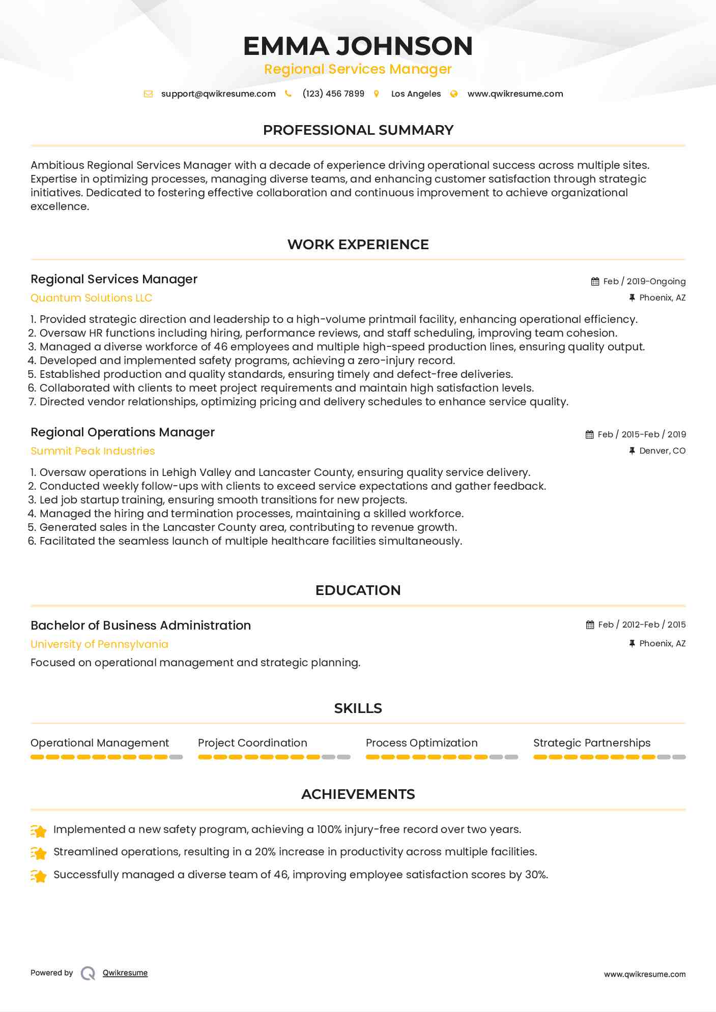 Regional Services Manager Resume Format