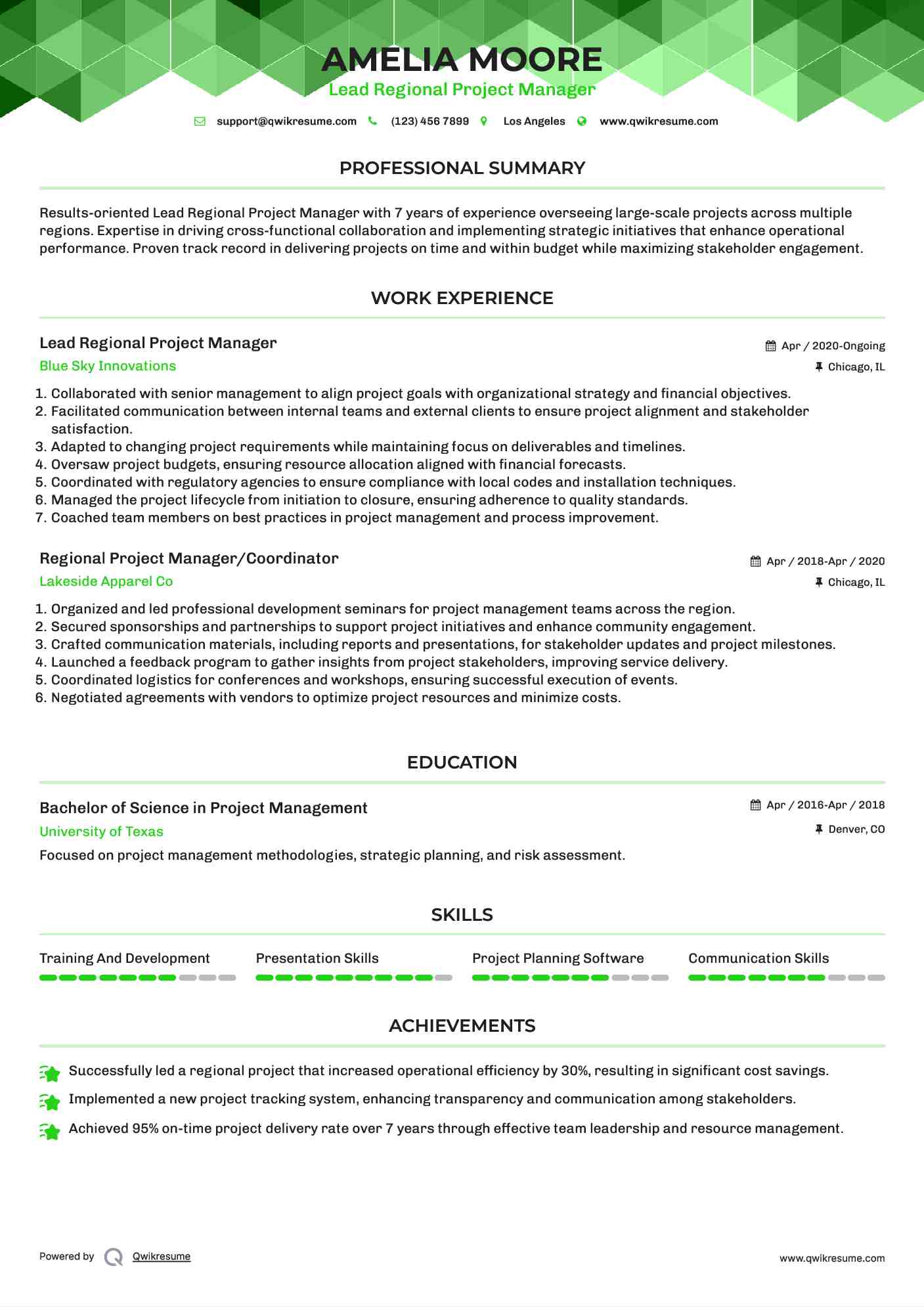Lead Regional Project Manager Resume Example