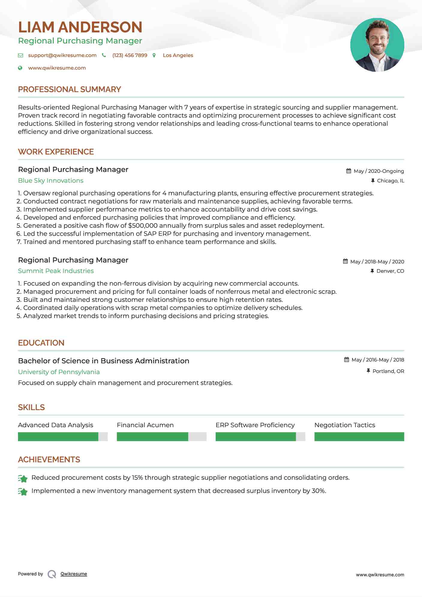 Regional Purchasing Manager Resume Example