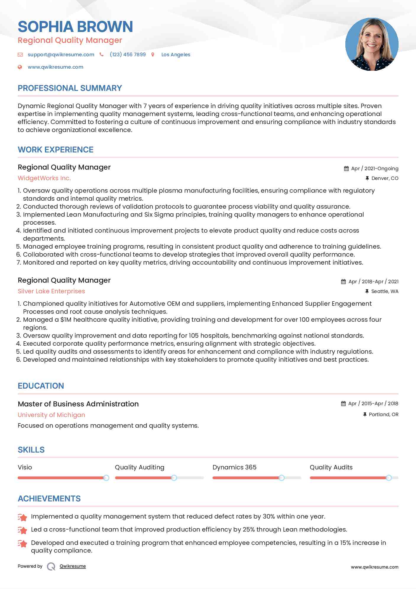 Regional Quality Manager Resume Example