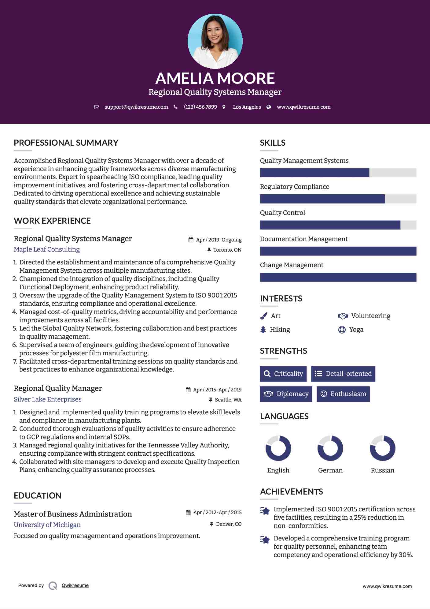 Regional Quality Systems Manager Resume Format
