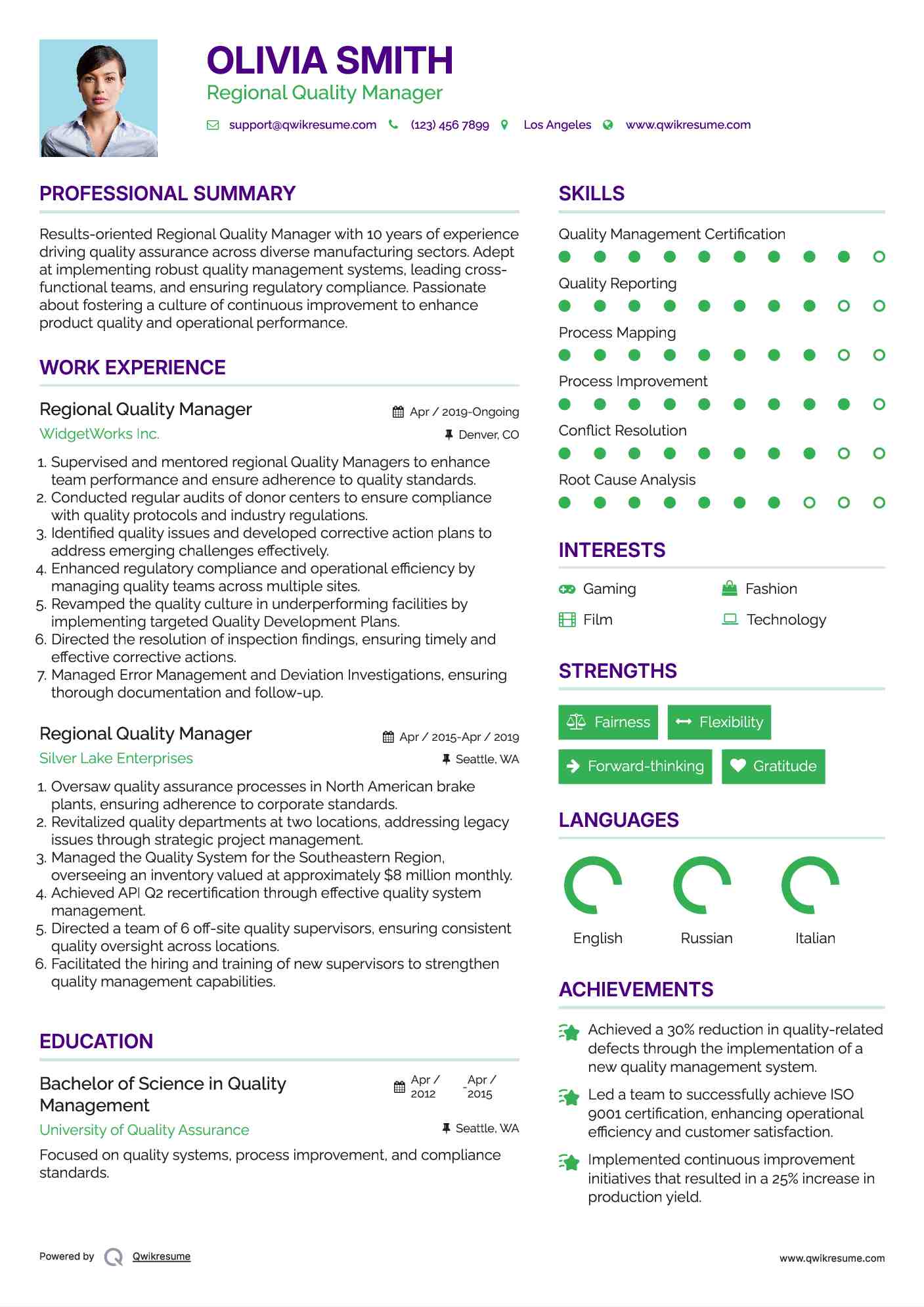 Regional Quality Manager Resume Sample