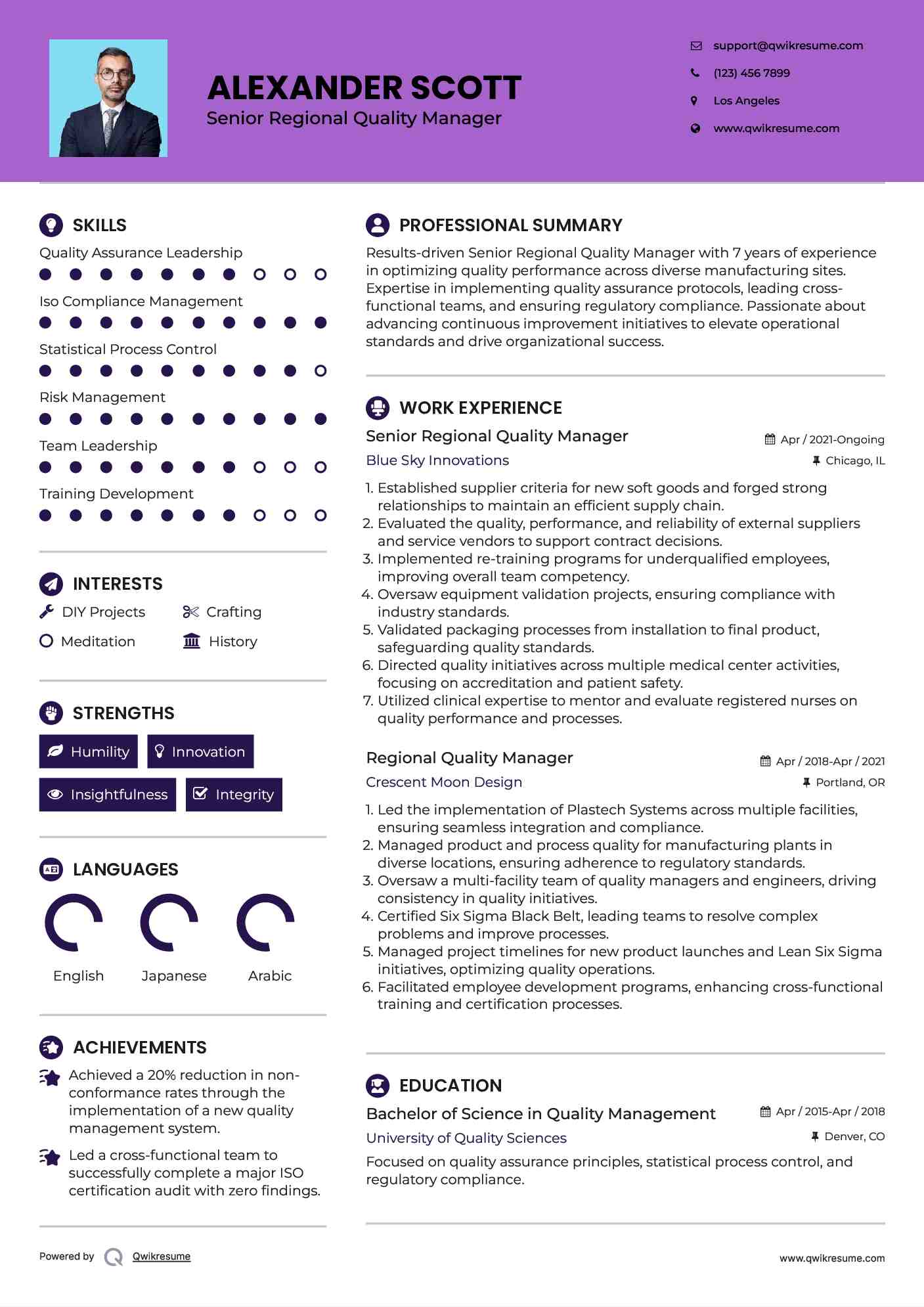 Senior Regional Quality Manager Resume Template