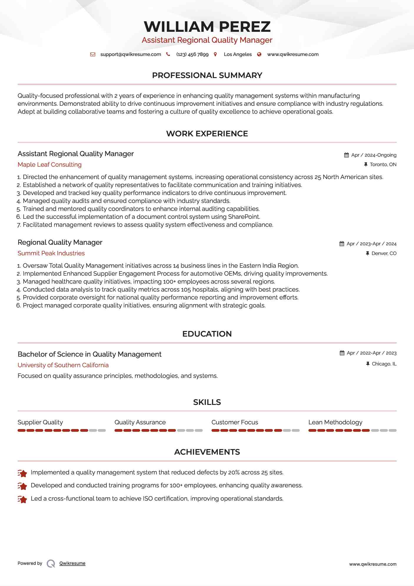 Assistant Regional Quality Manager Resume Format