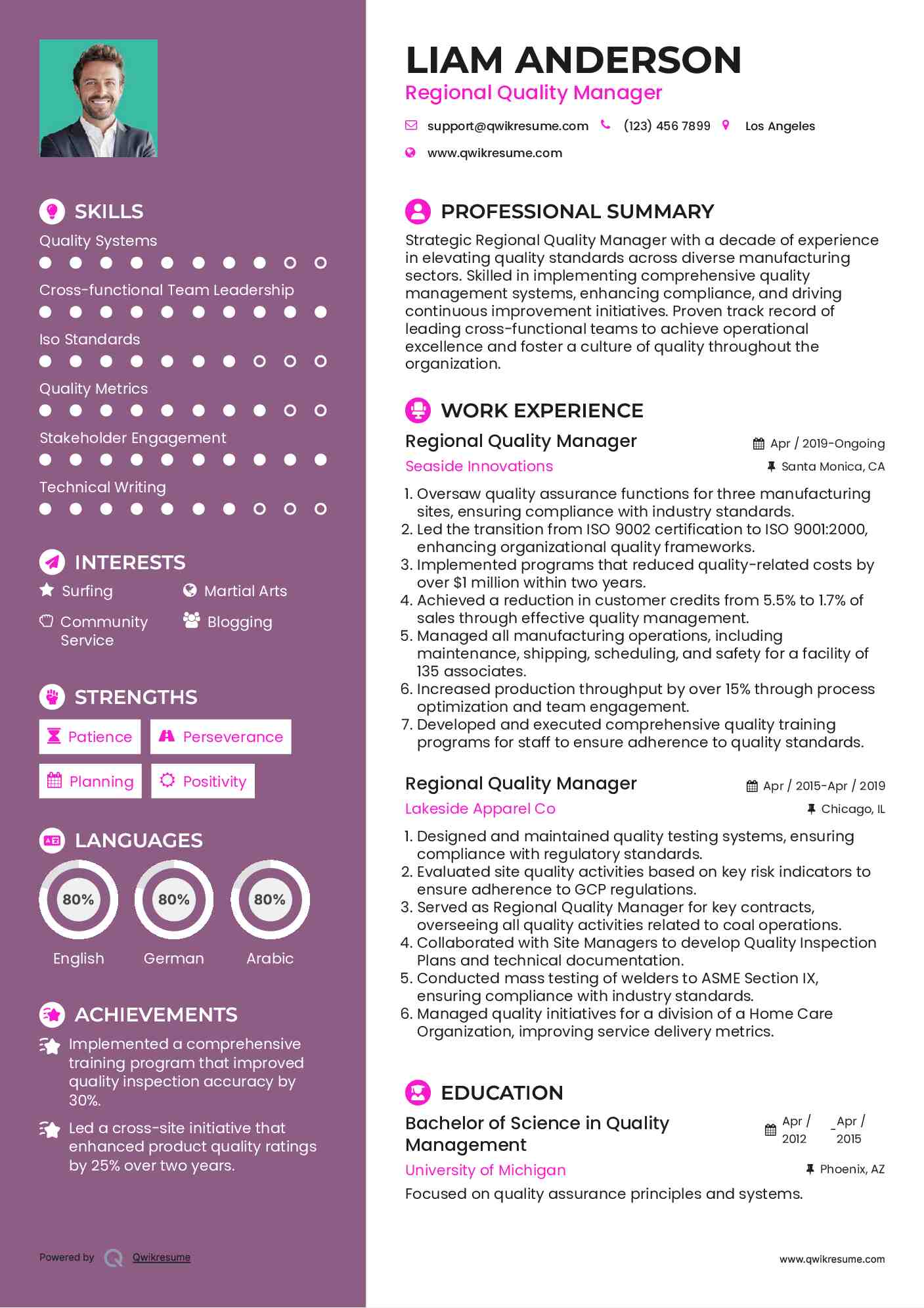 Regional Quality Manager Resume Sample