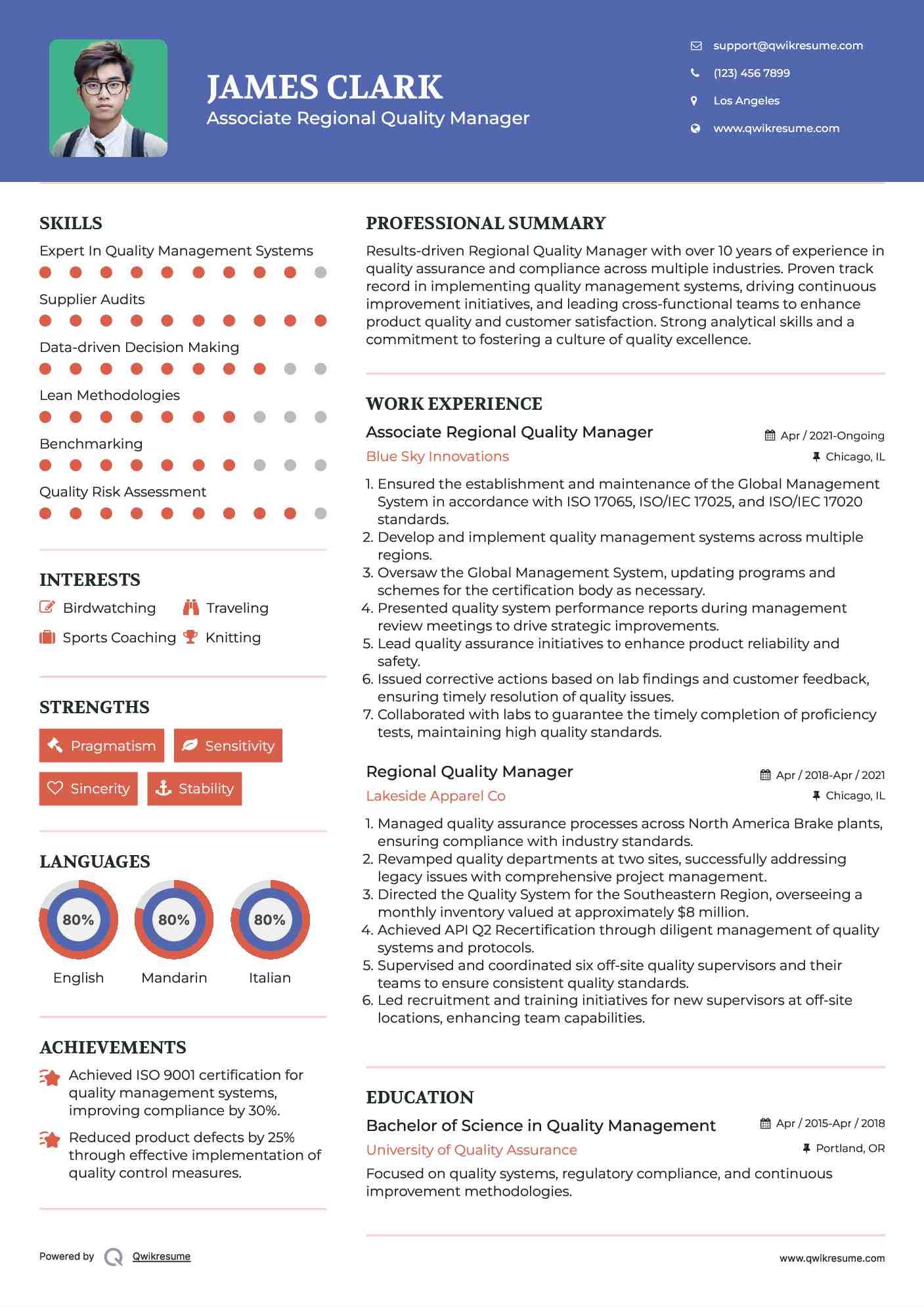 Associate Regional Quality Manager Resume Sample