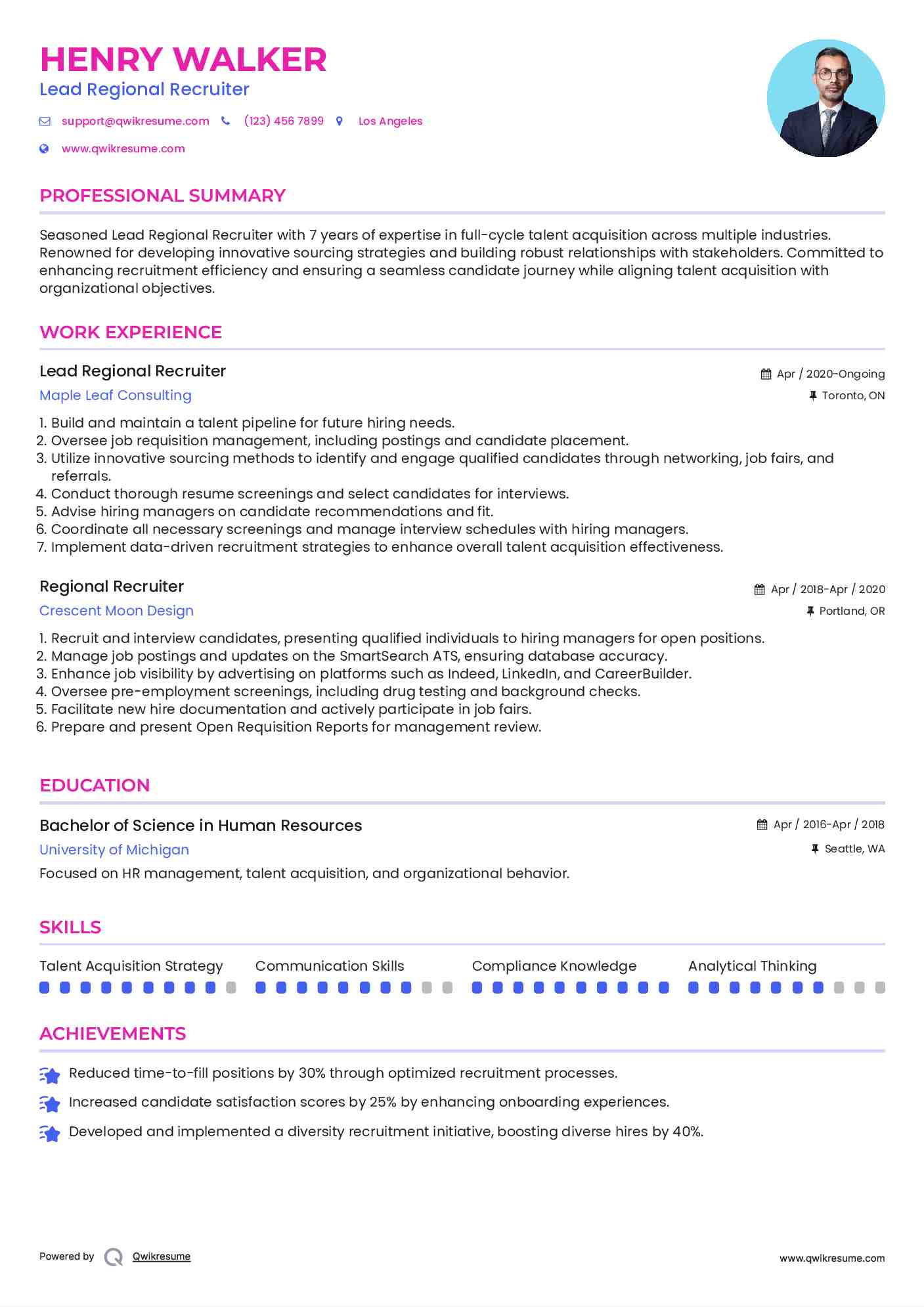 Lead Regional Recruiter Resume Sample