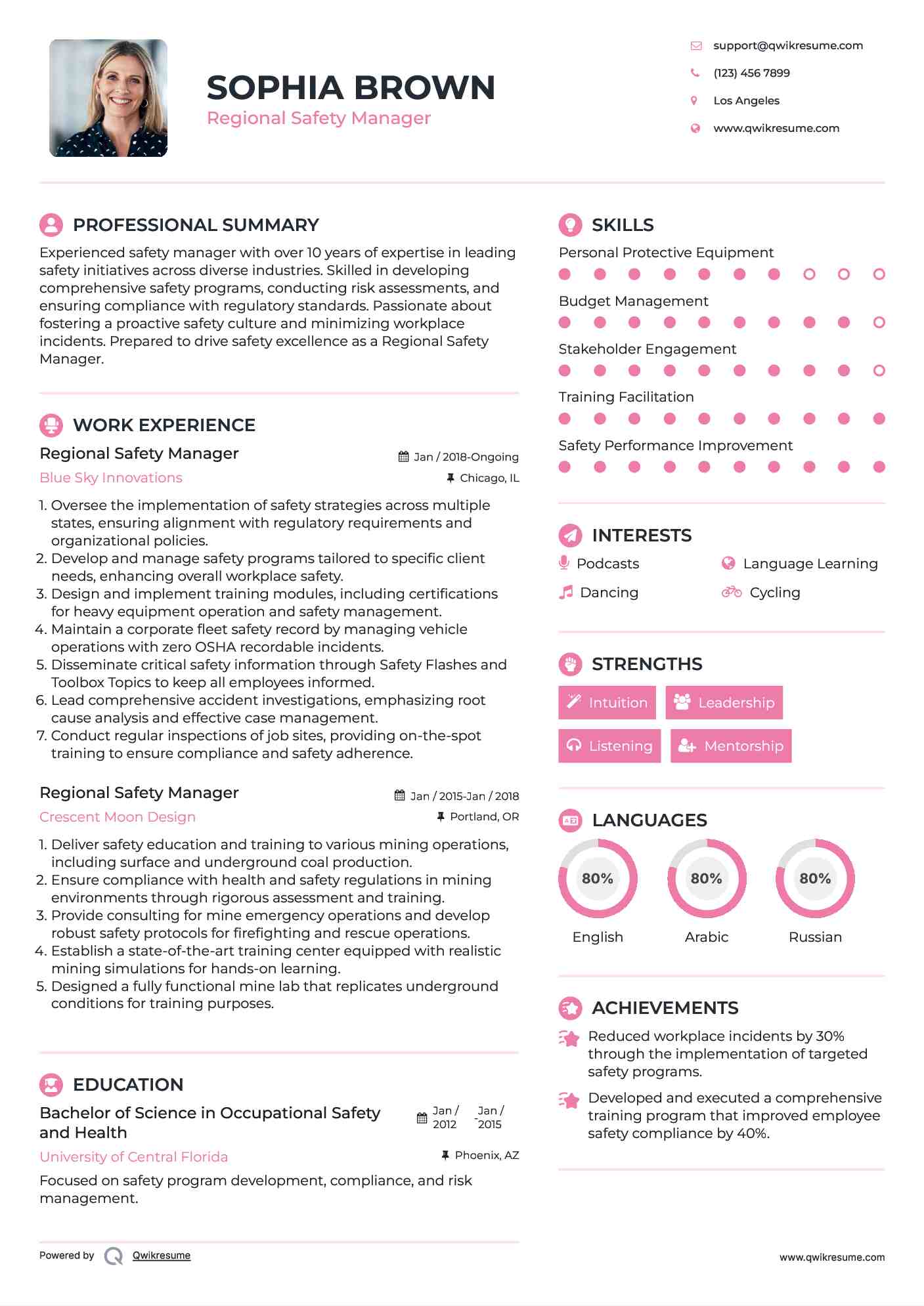 Regional Safety Manager Resume Format