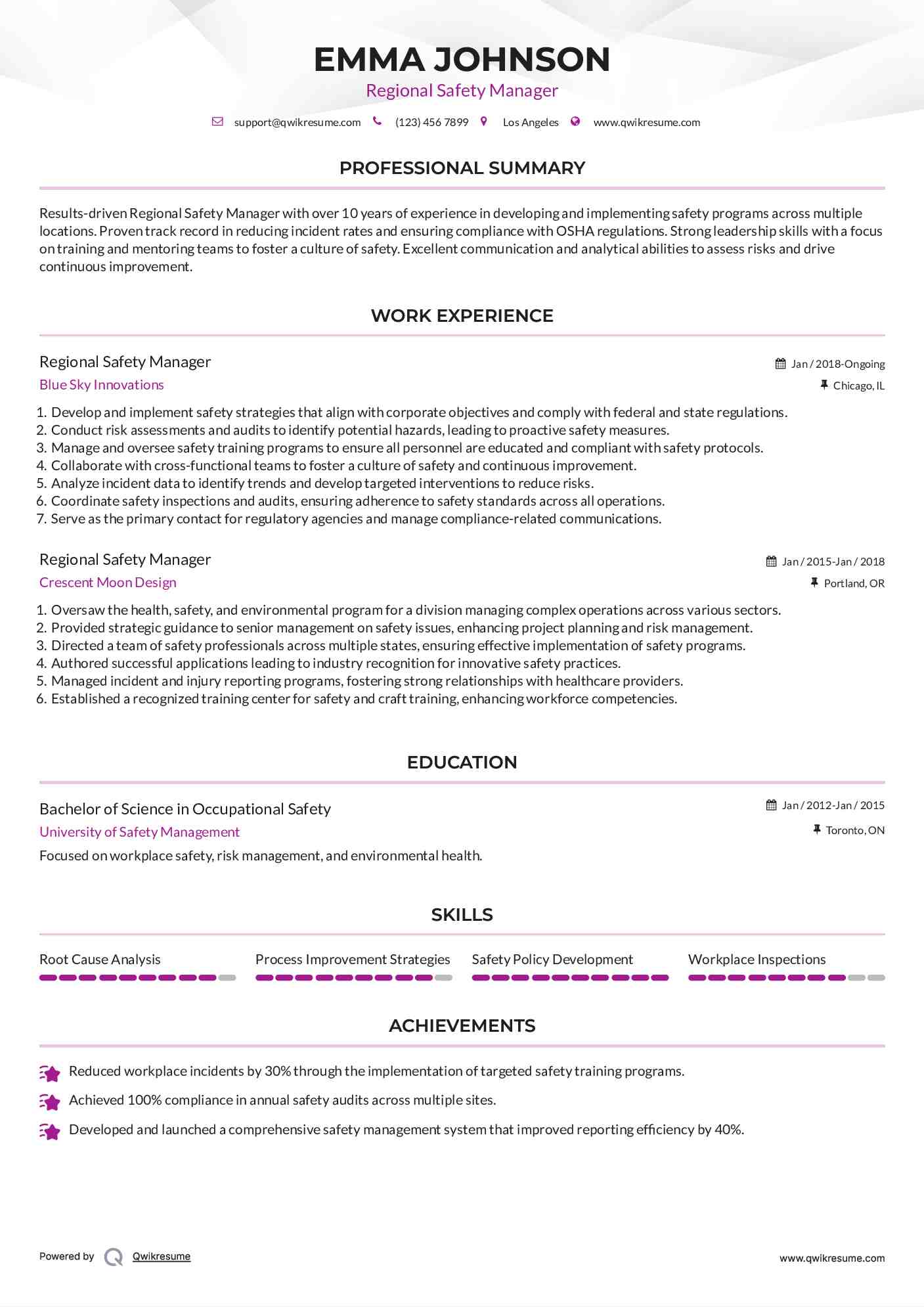 Regional Safety Manager Resume Format