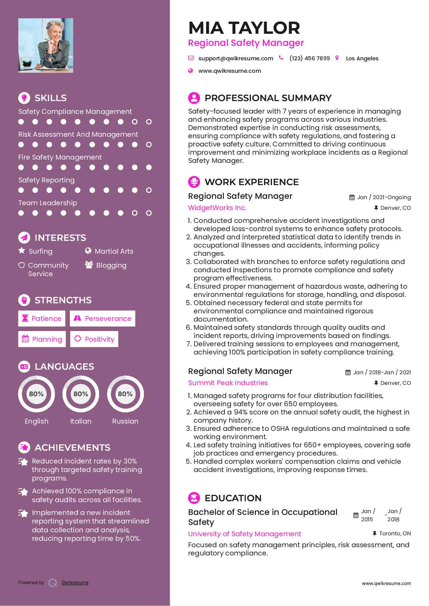 Regional Safety Manager Resume Model