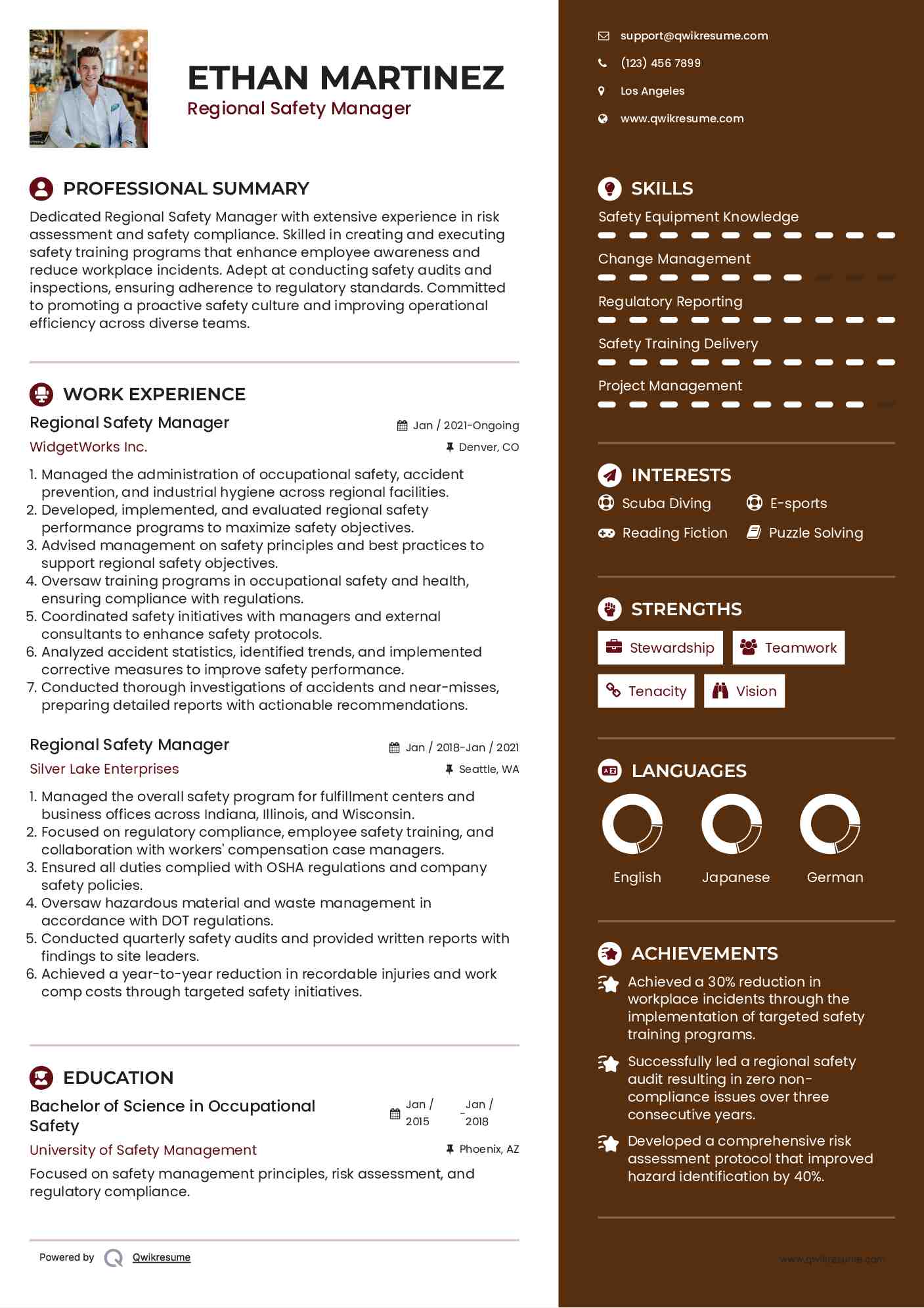 Regional Safety Manager Resume Sample