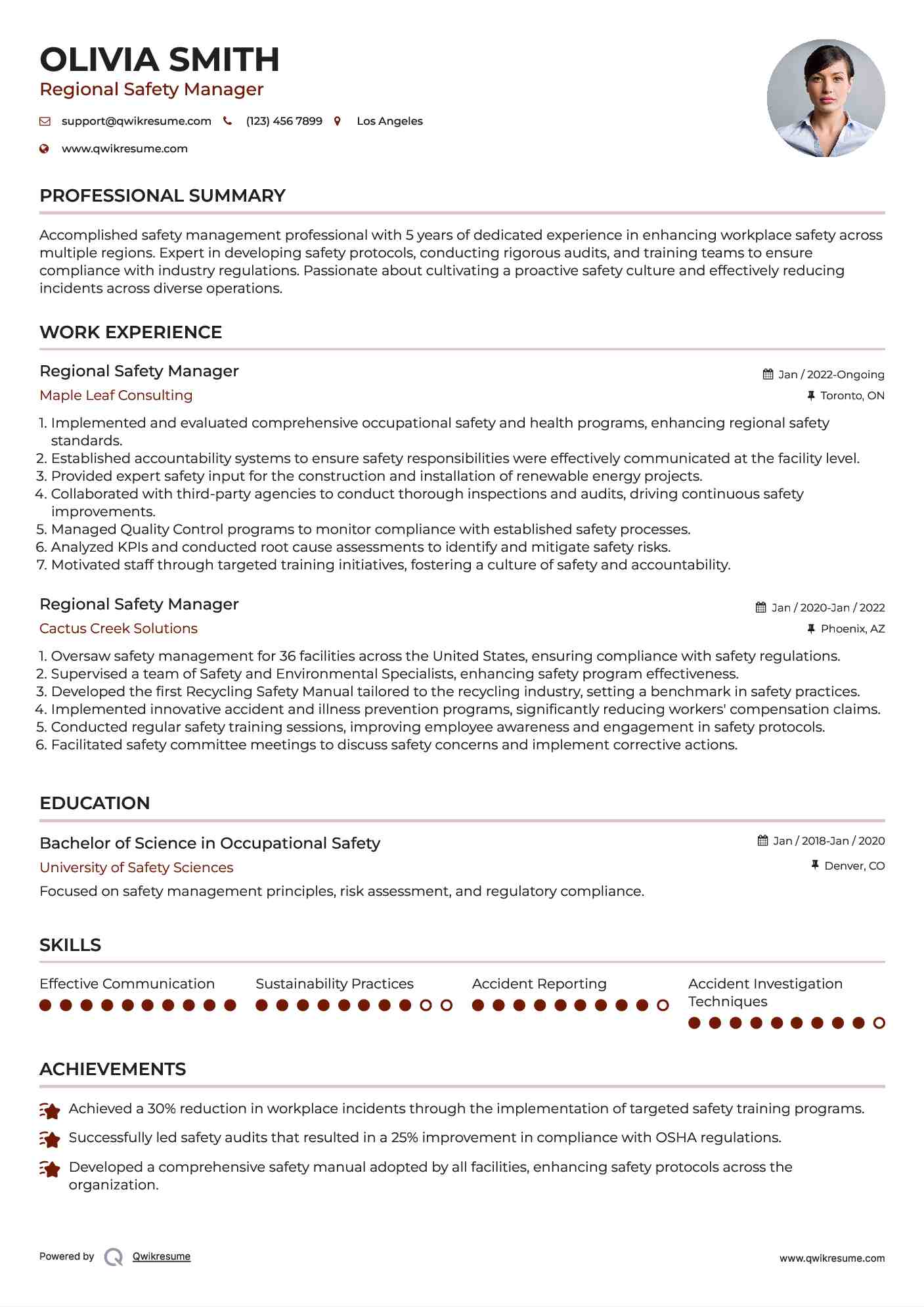 Regional Safety Manager Resume Template
