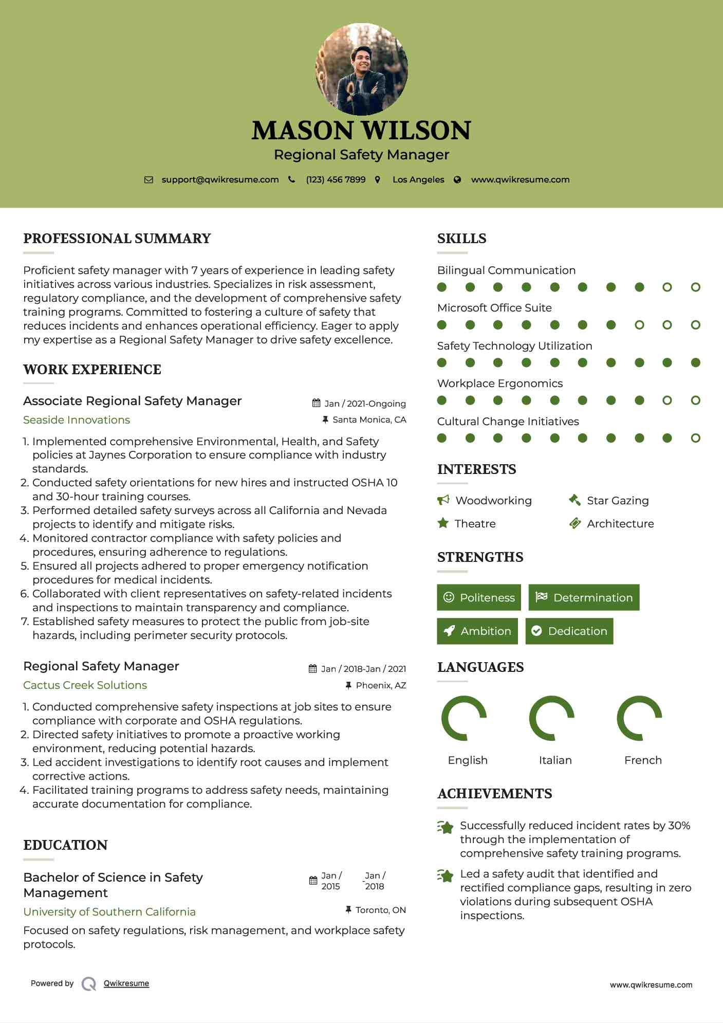 Associate Regional Safety Manager Resume Sample