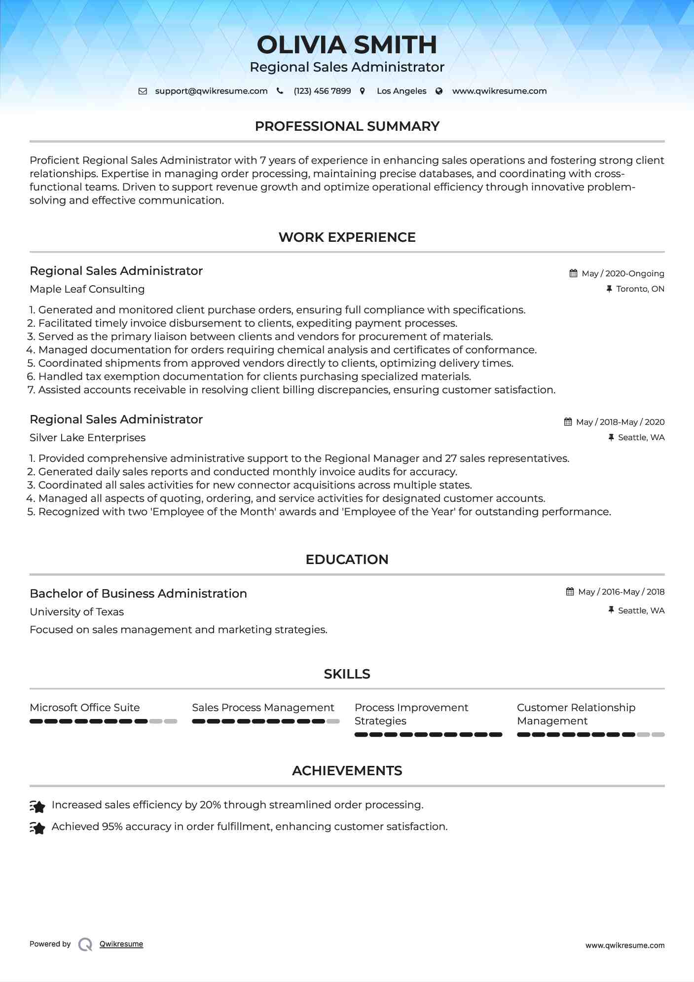 Regional Sales Administrator Resume Template