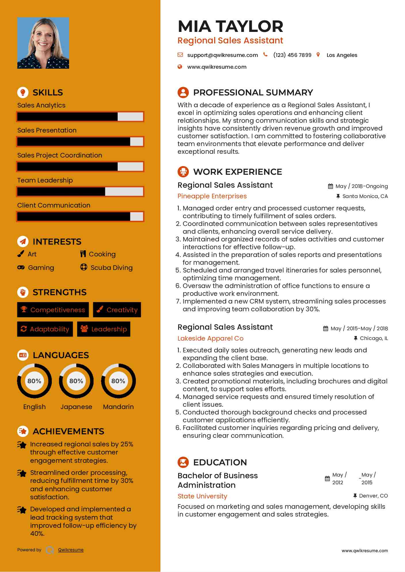 Regional Sales Assistant Resume Template