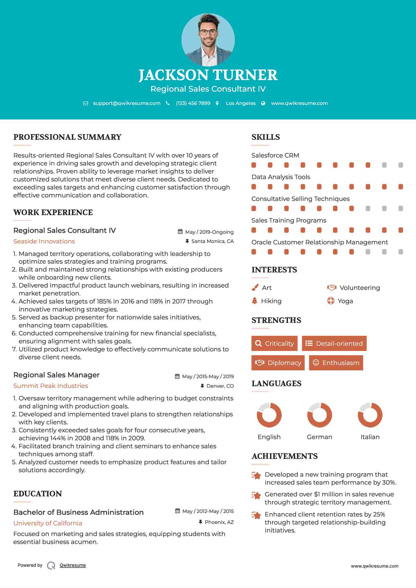 Regional Sales Consultant IV Resume Template
