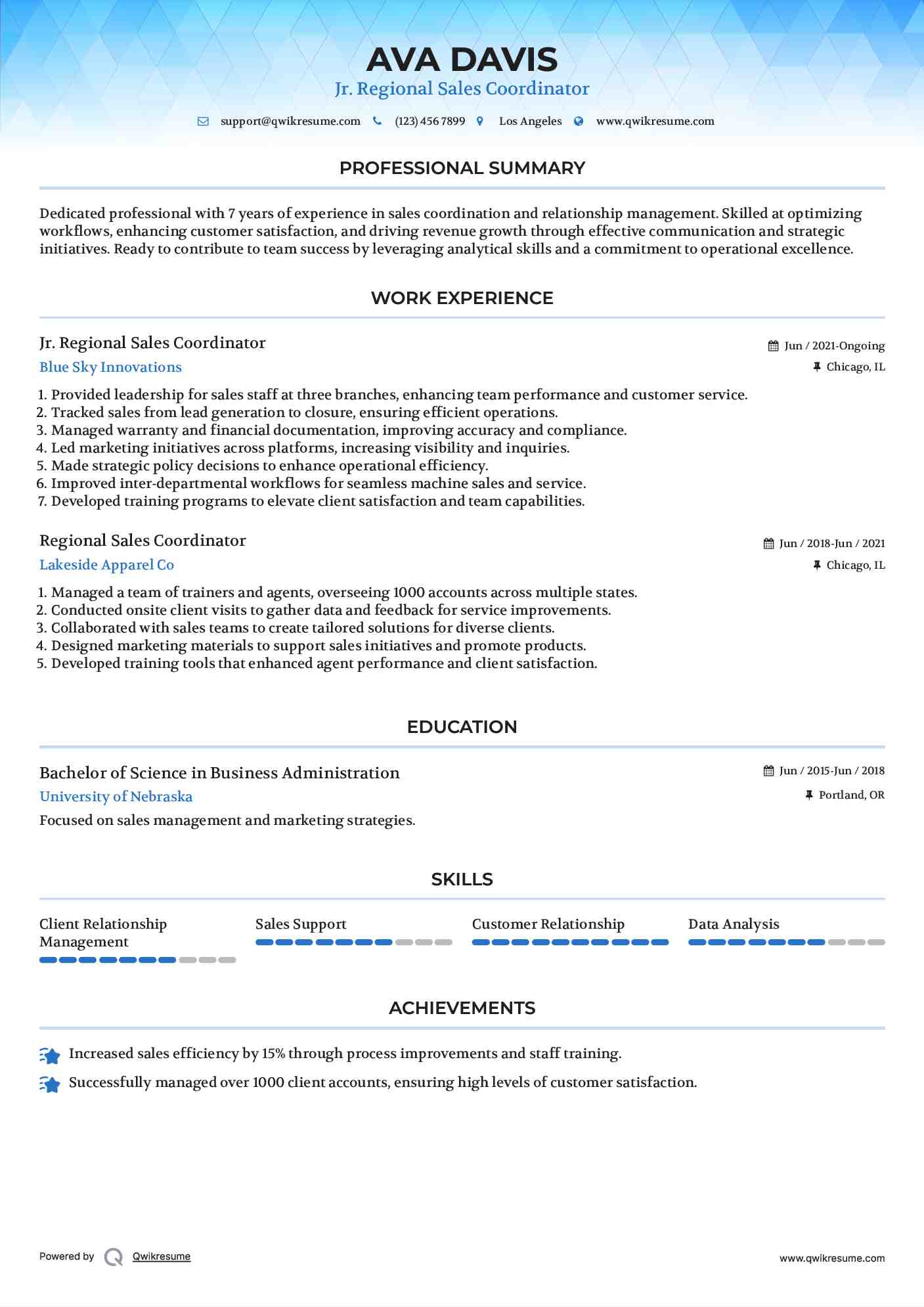 Jr. Regional Sales Coordinator Resume Format