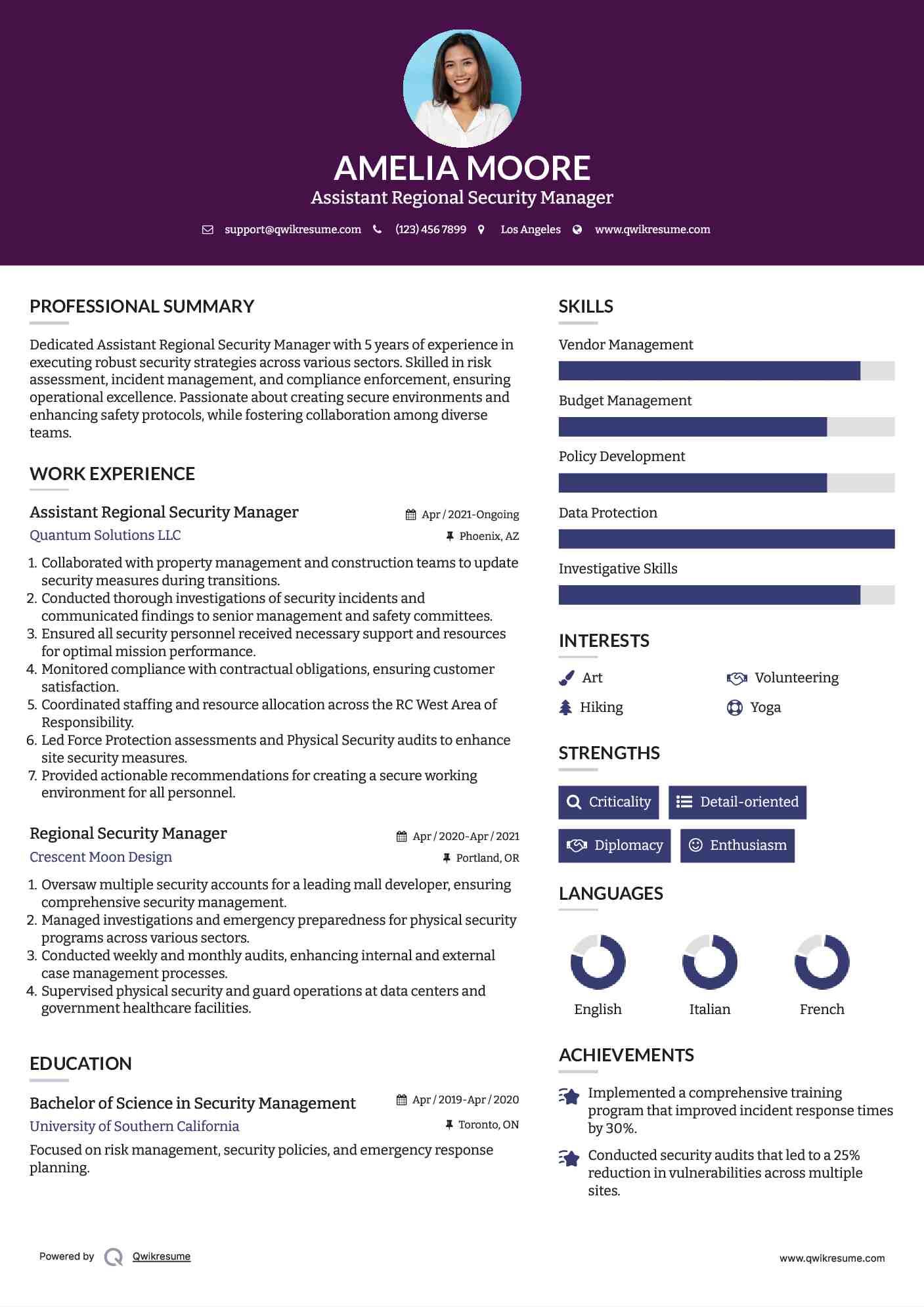 Assistant Regional Security Manager Resume Example