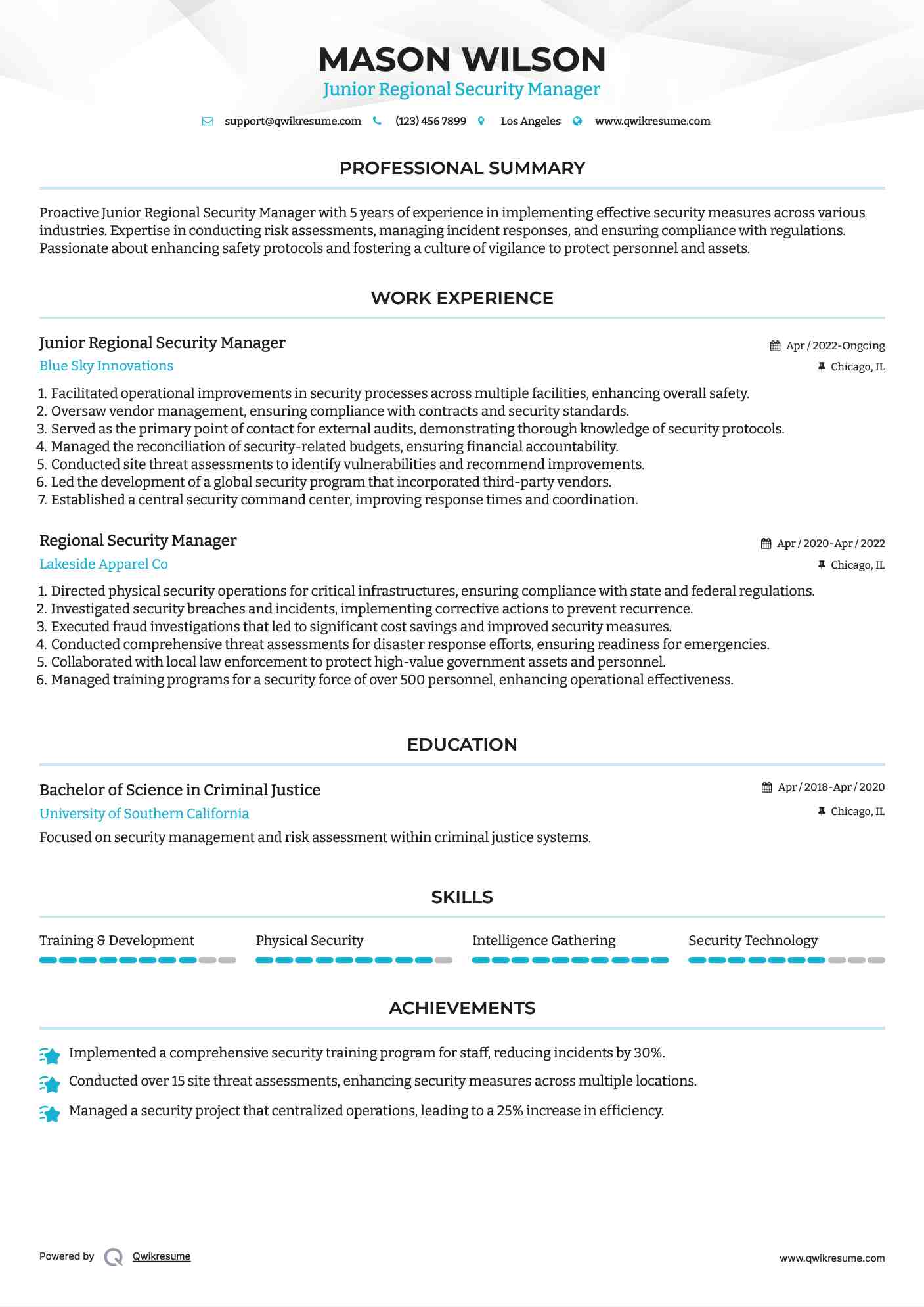 Junior Regional Security Manager Resume Sample