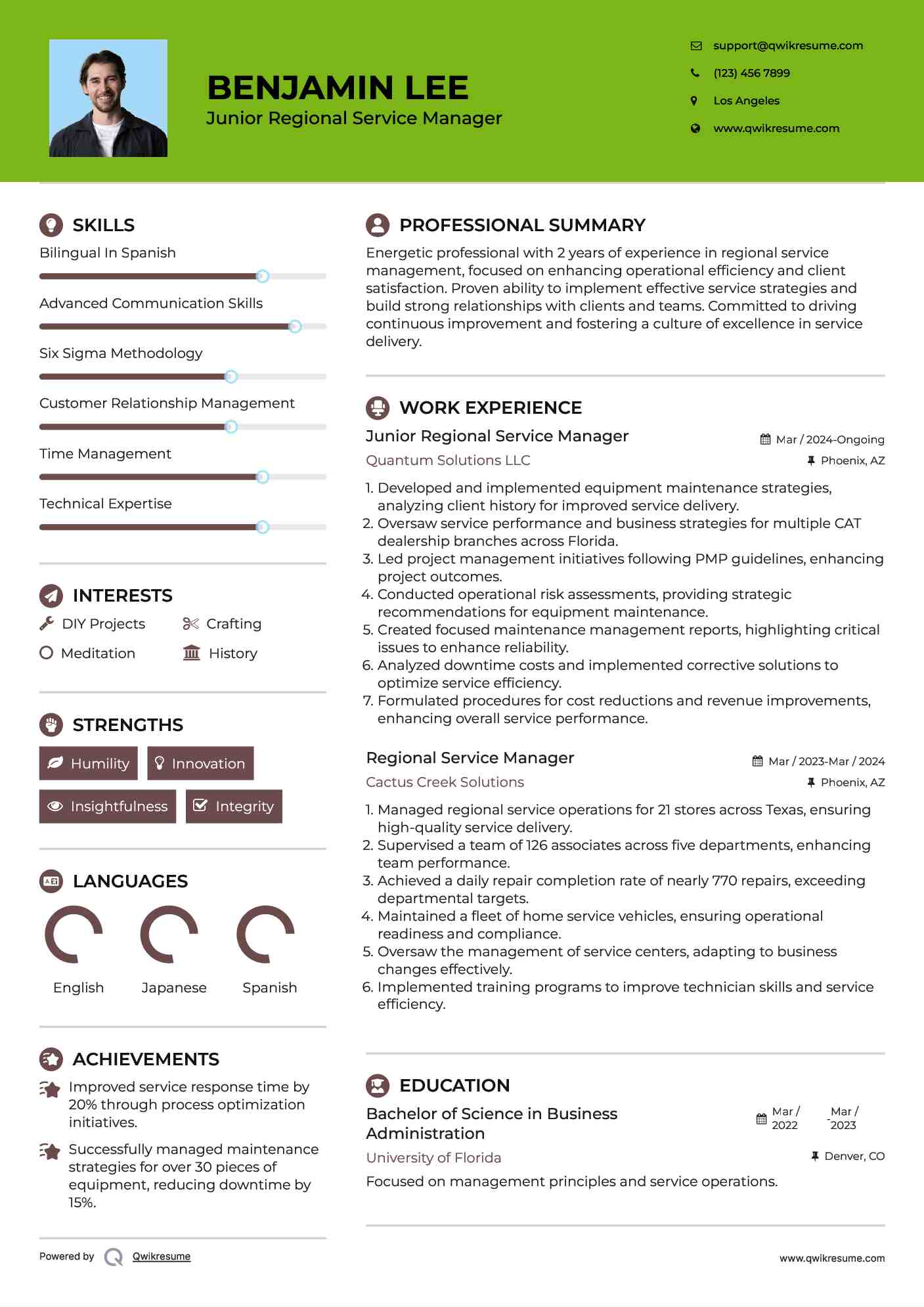 Junior Regional Service Manager Resume Sample