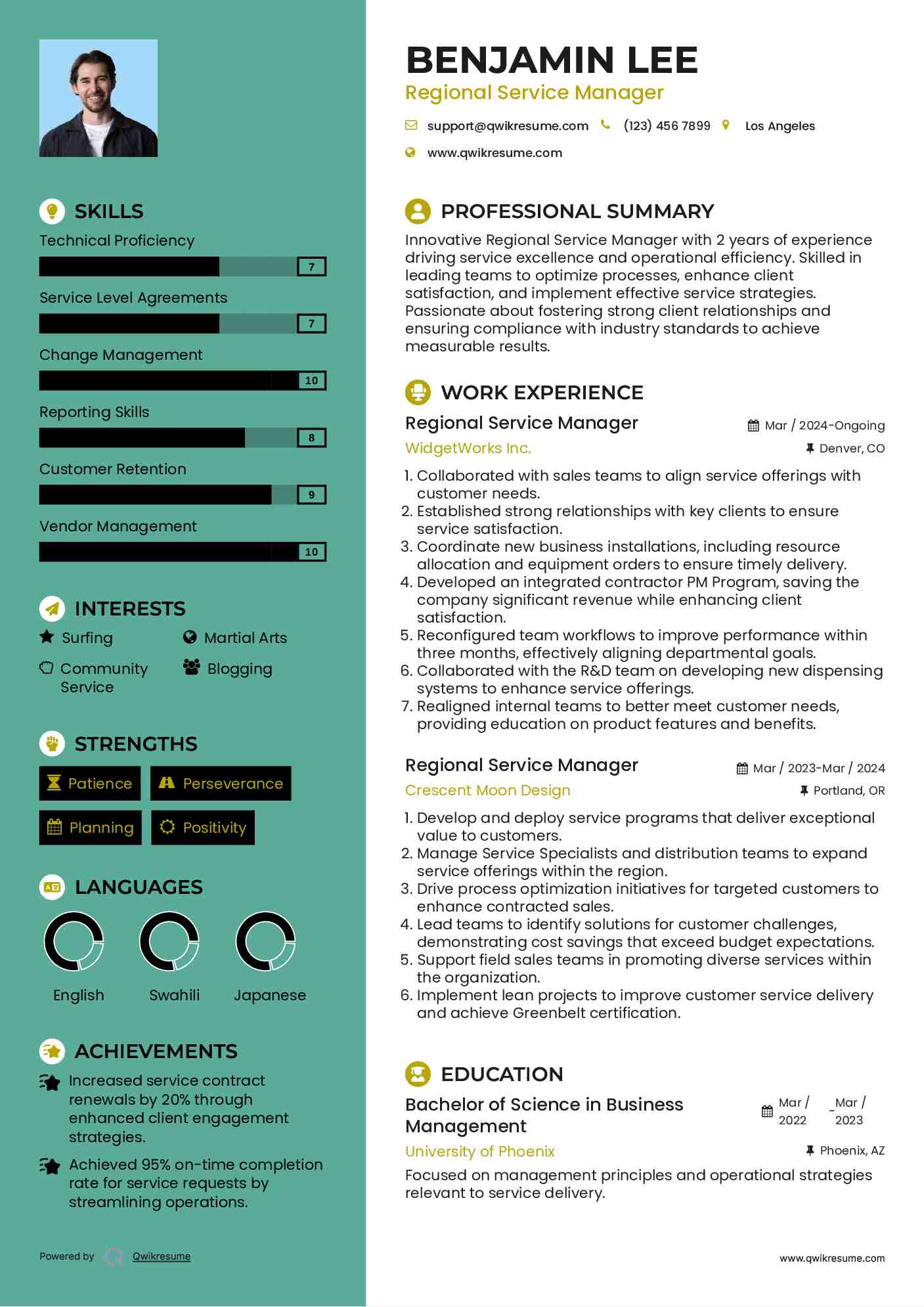 Regional Service Manager Resume Template