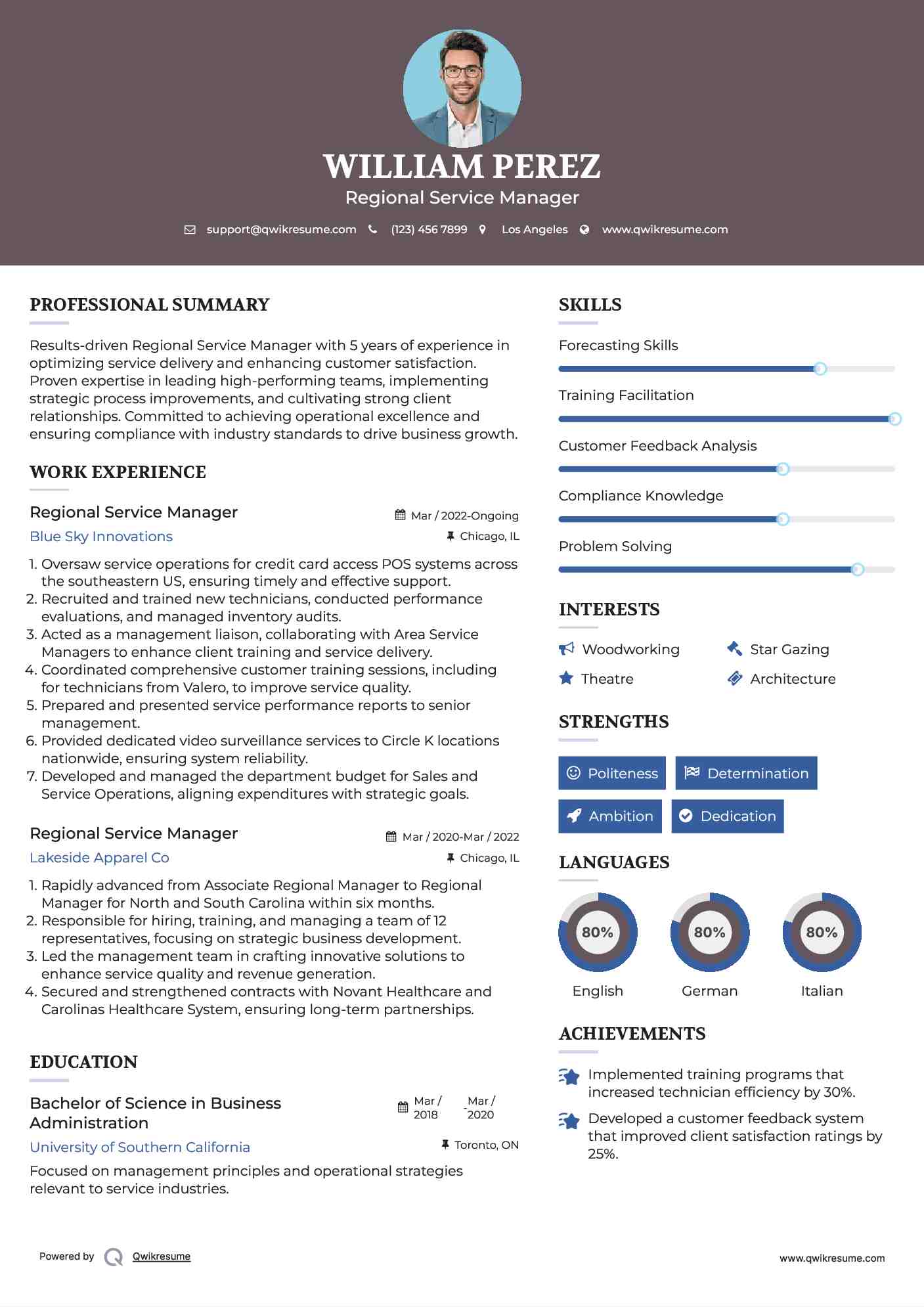 Regional Service Manager Resume Model
