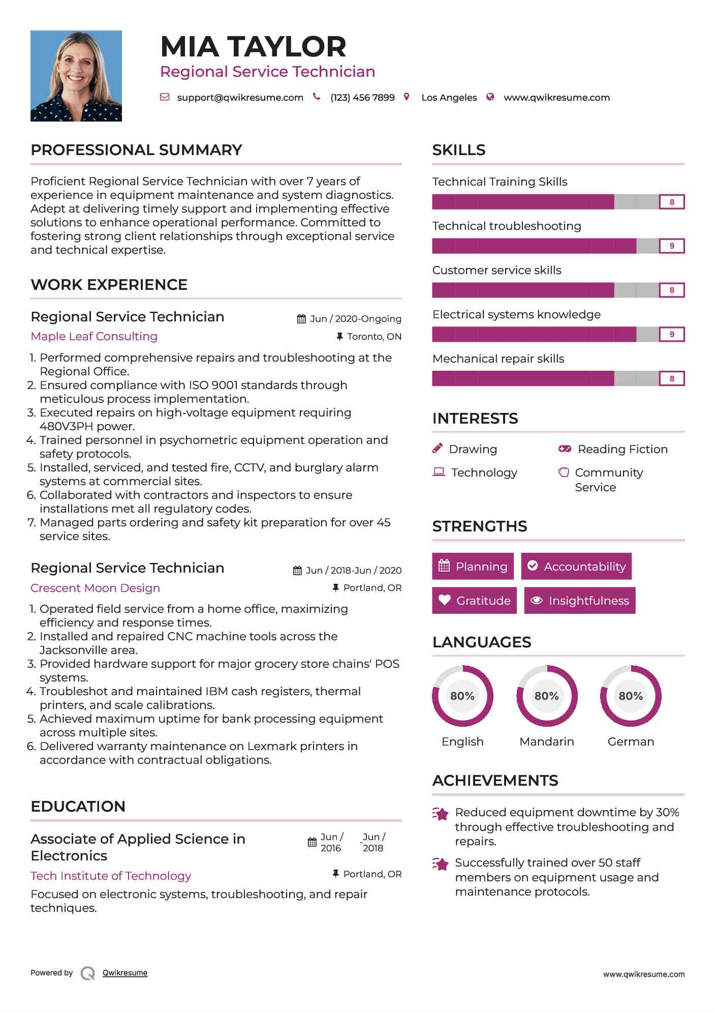 Regional Service Technician Resume Template