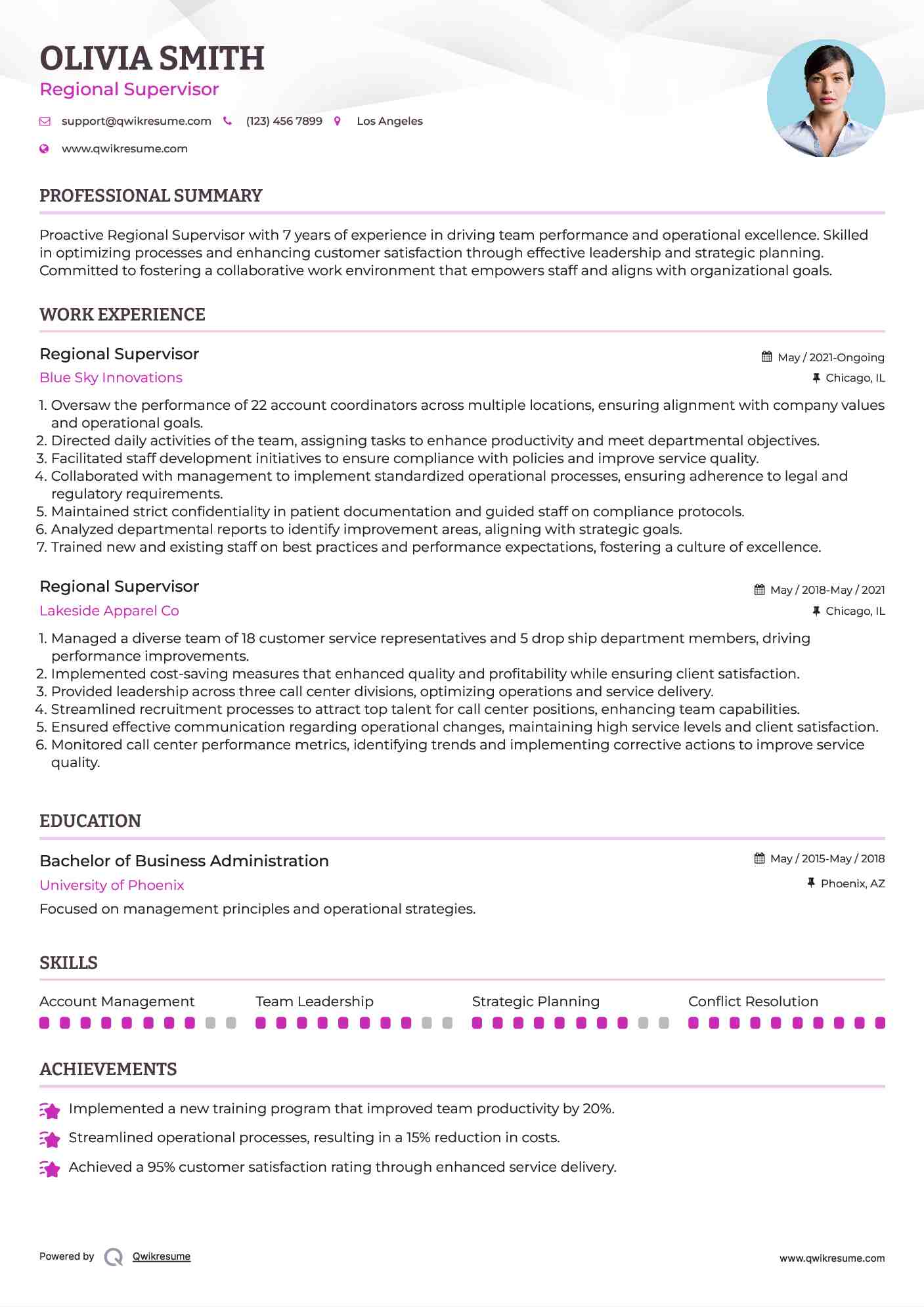 Regional Supervisor Resume Example