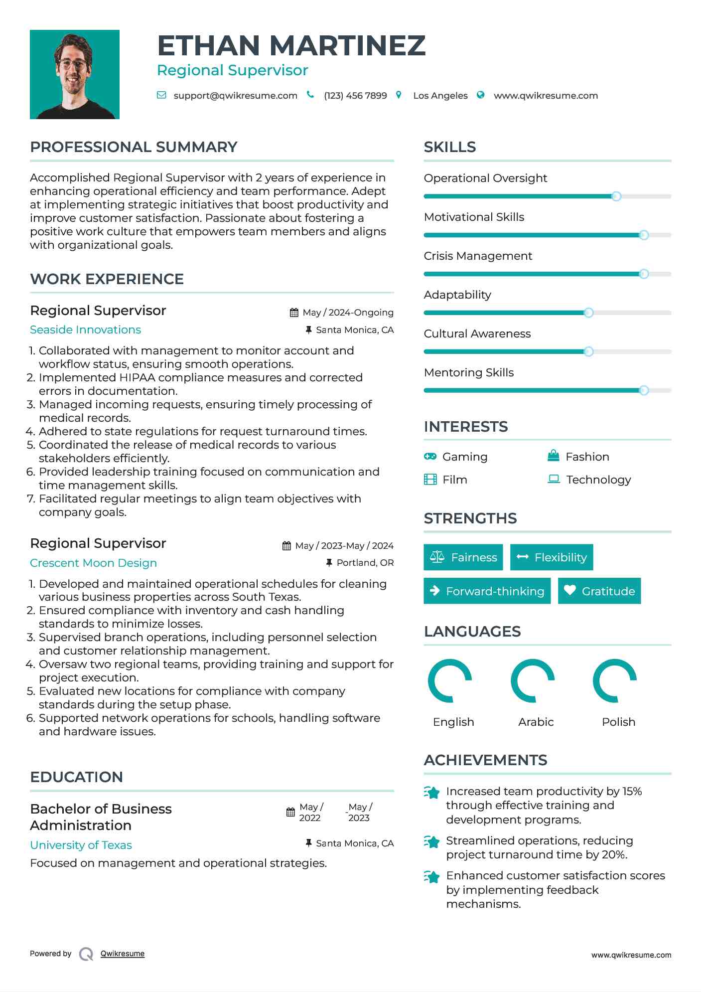 Regional Supervisor Resume Template