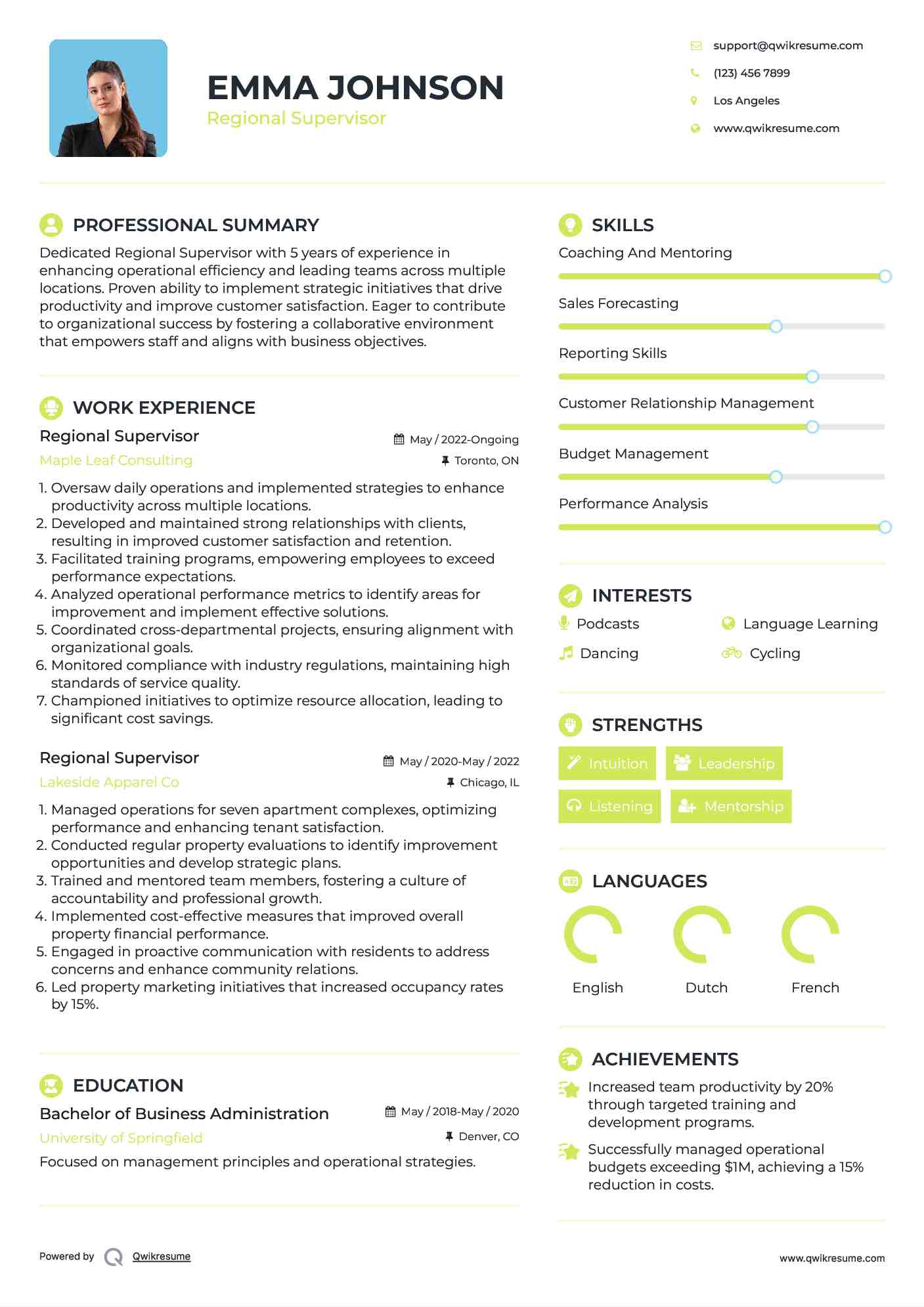 Regional Supervisor Resume Format