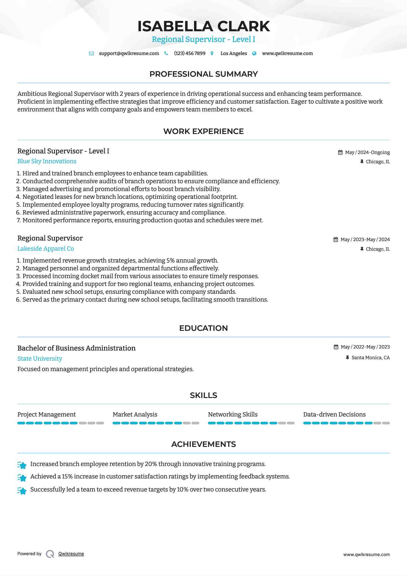 Regional Supervisor - Level I Resume Model