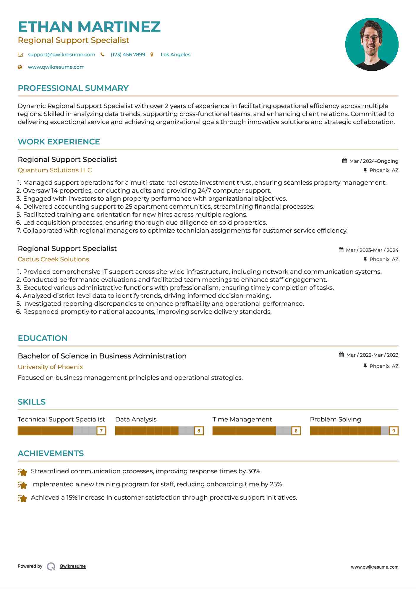 Regional Support Specialist Resume Sample