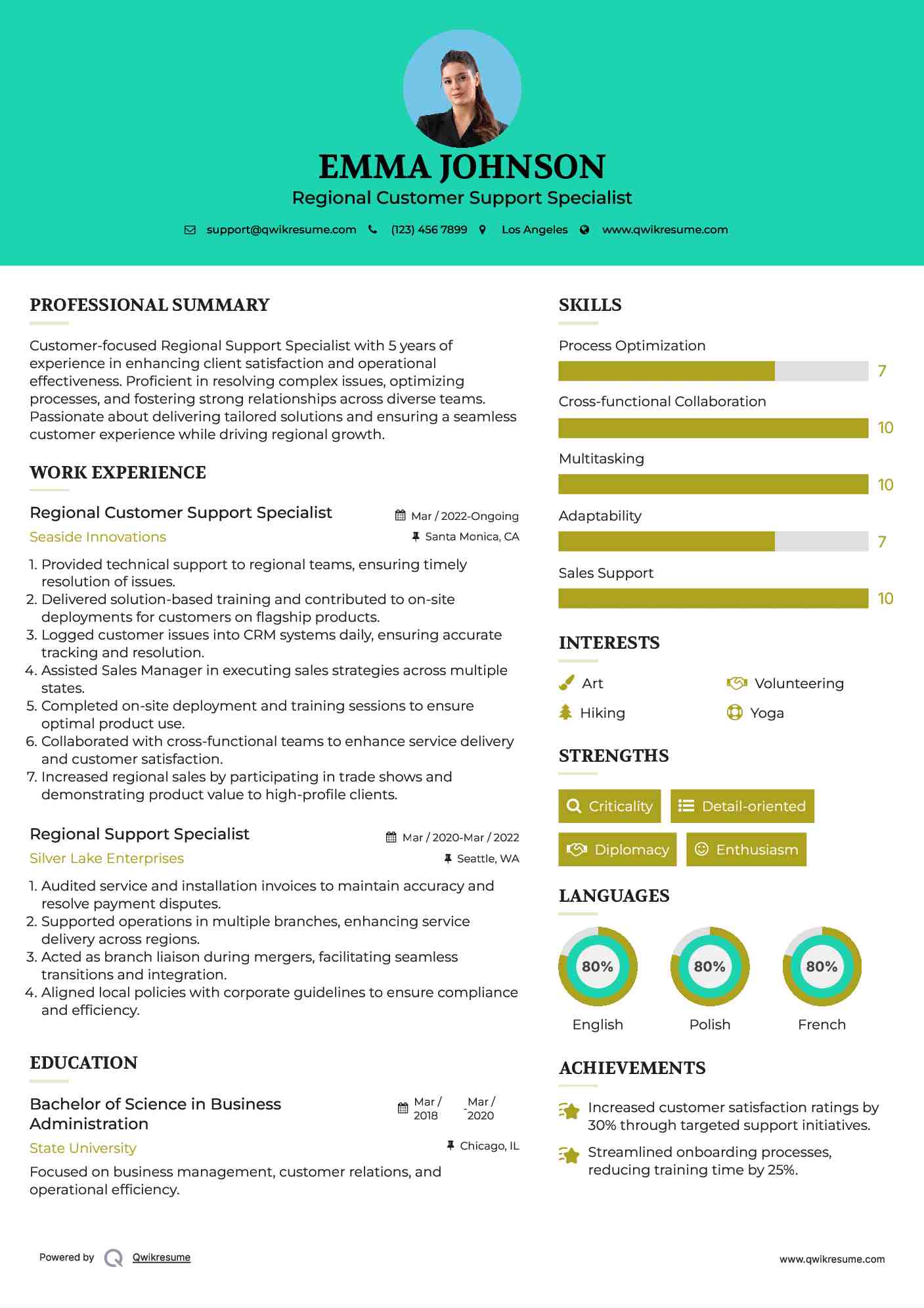 Regional Customer Support Specialist Resume Template