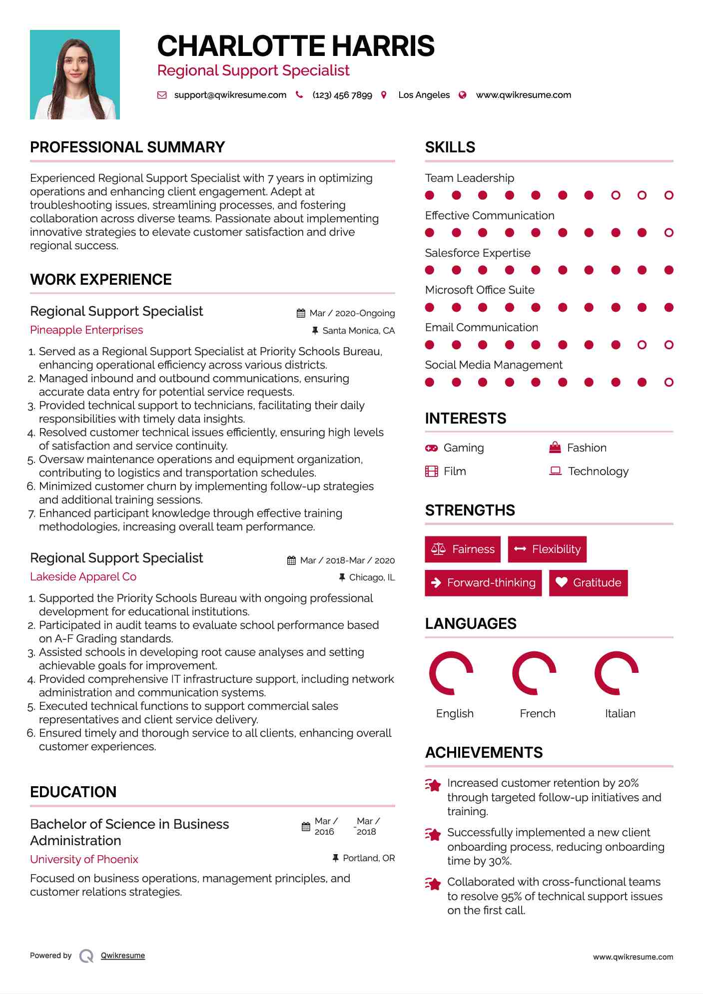 Regional Support Specialist Resume Model