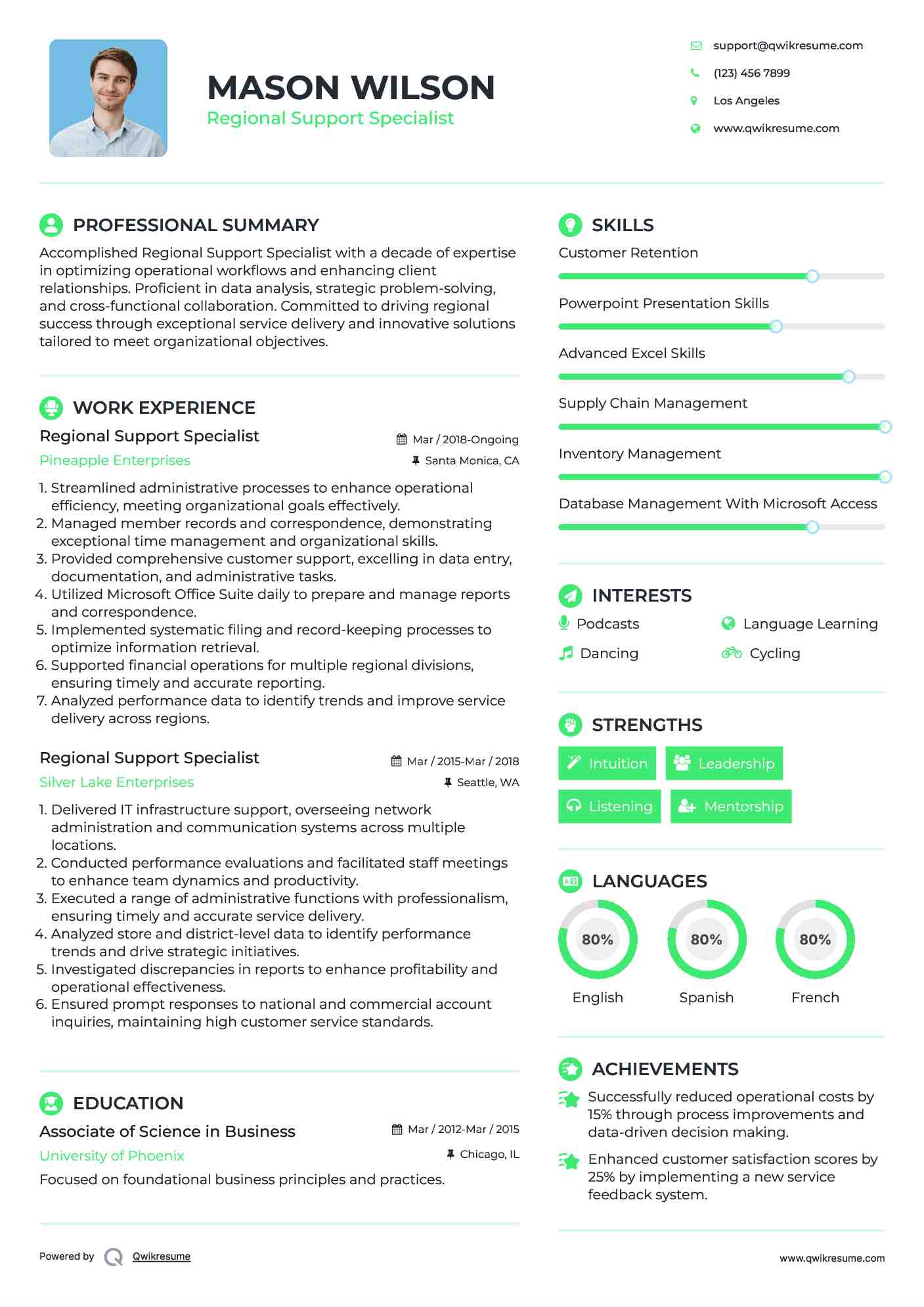 Regional Support Specialist Resume Template