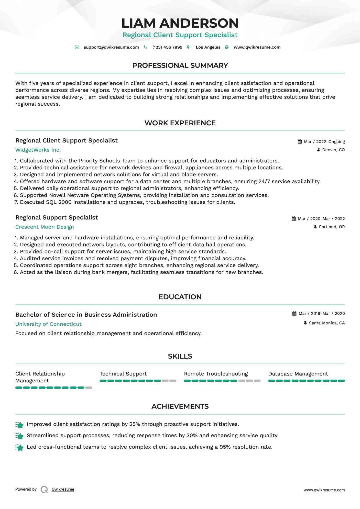 Regional Client Support Specialist Resume Template