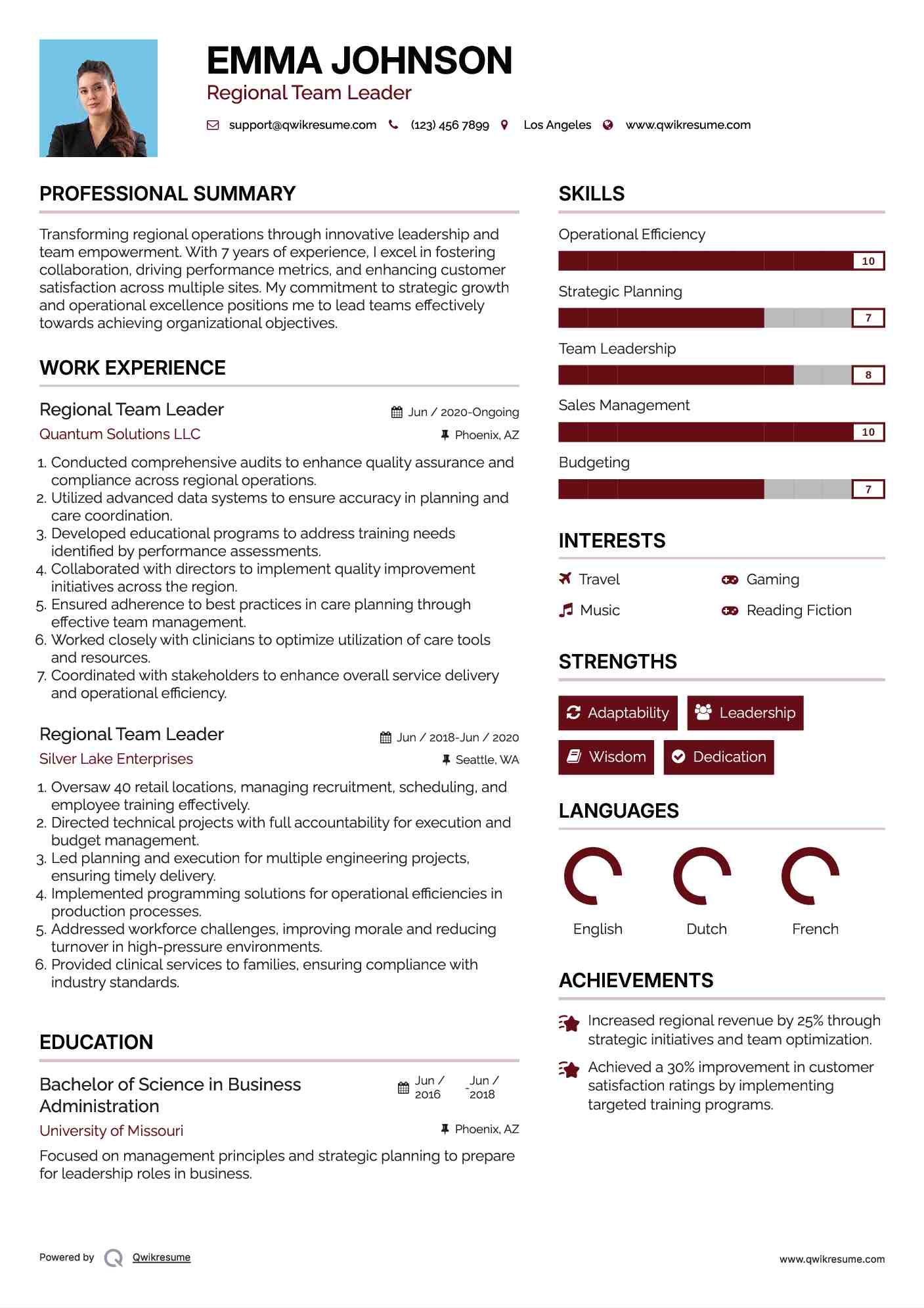 Regional Team Leader Resume Model
