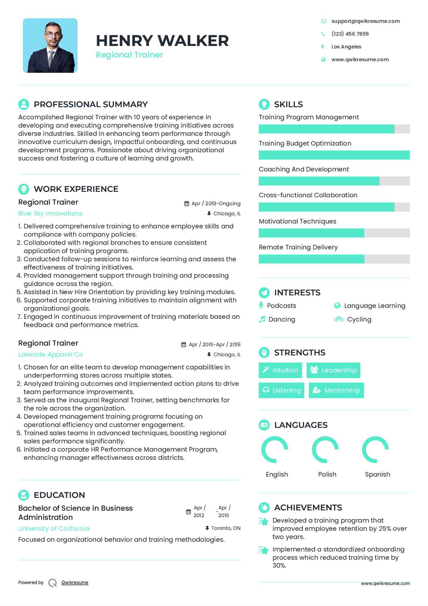 Regional Trainer Resume Example
