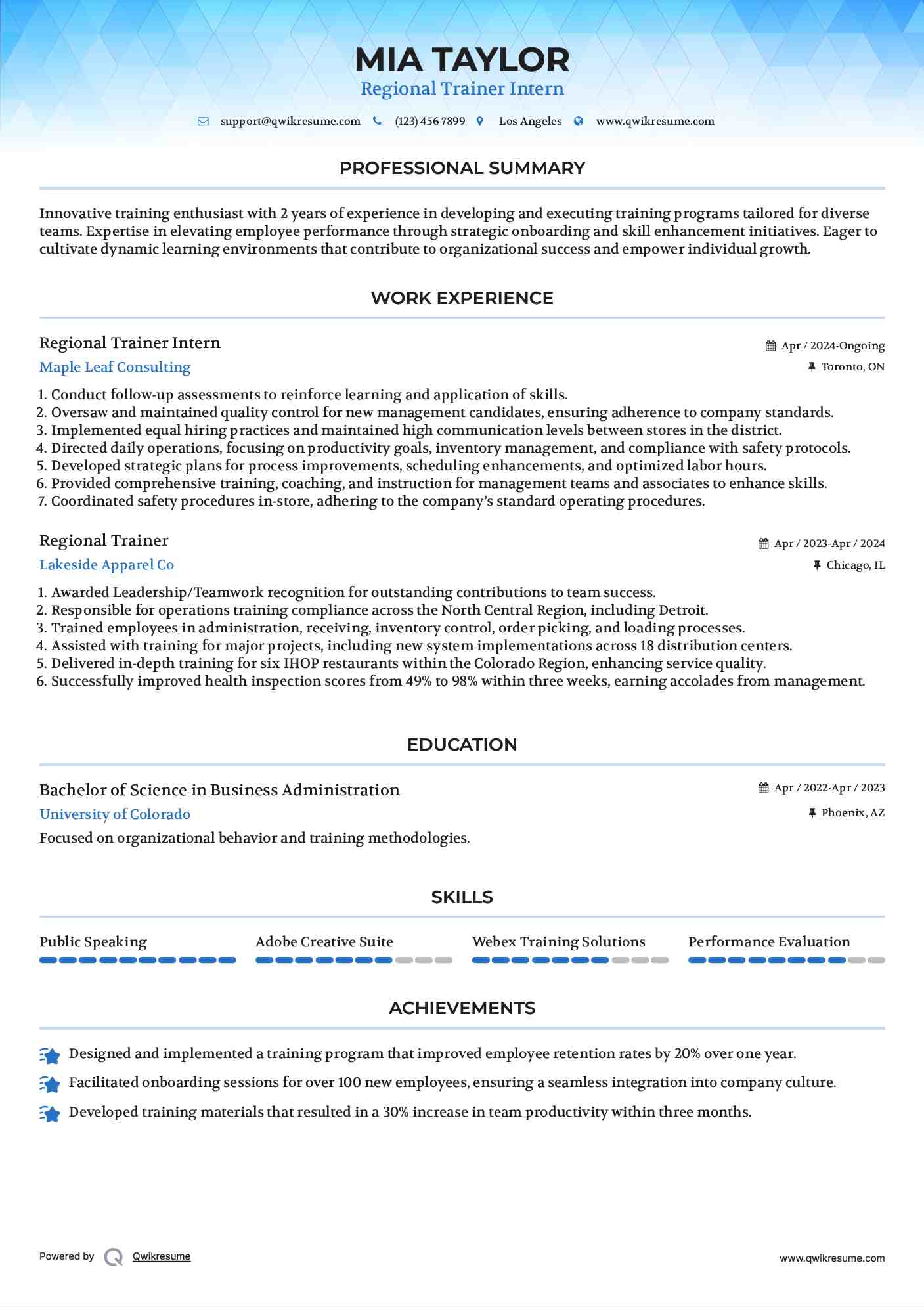 Regional Trainer Intern Resume Model