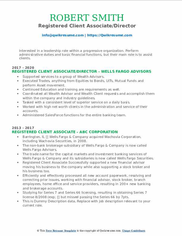 Registered Client Associate Resume Samples | QwikResume