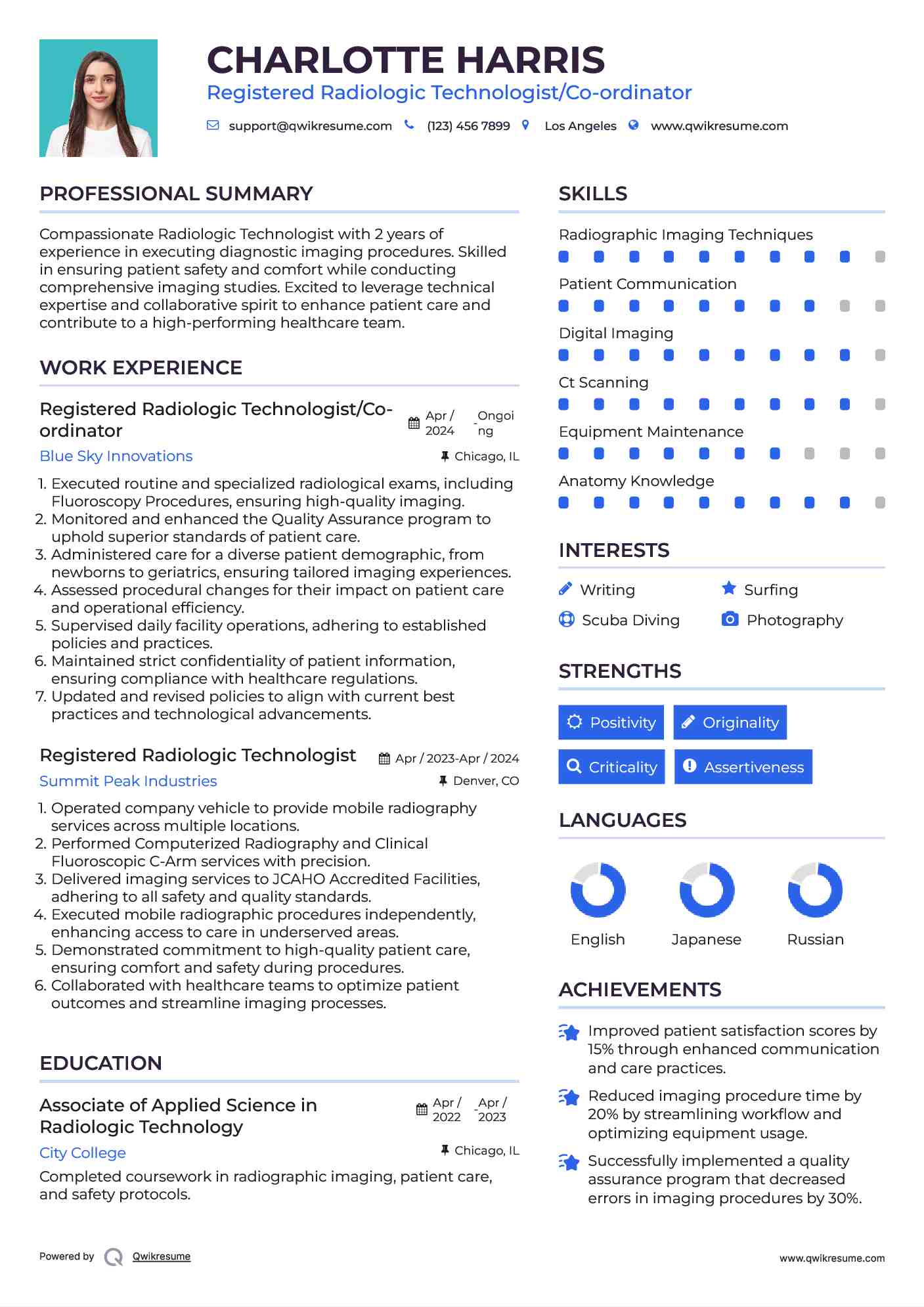 Registered Radiologic Technologist/Co-ordinator Resume Model