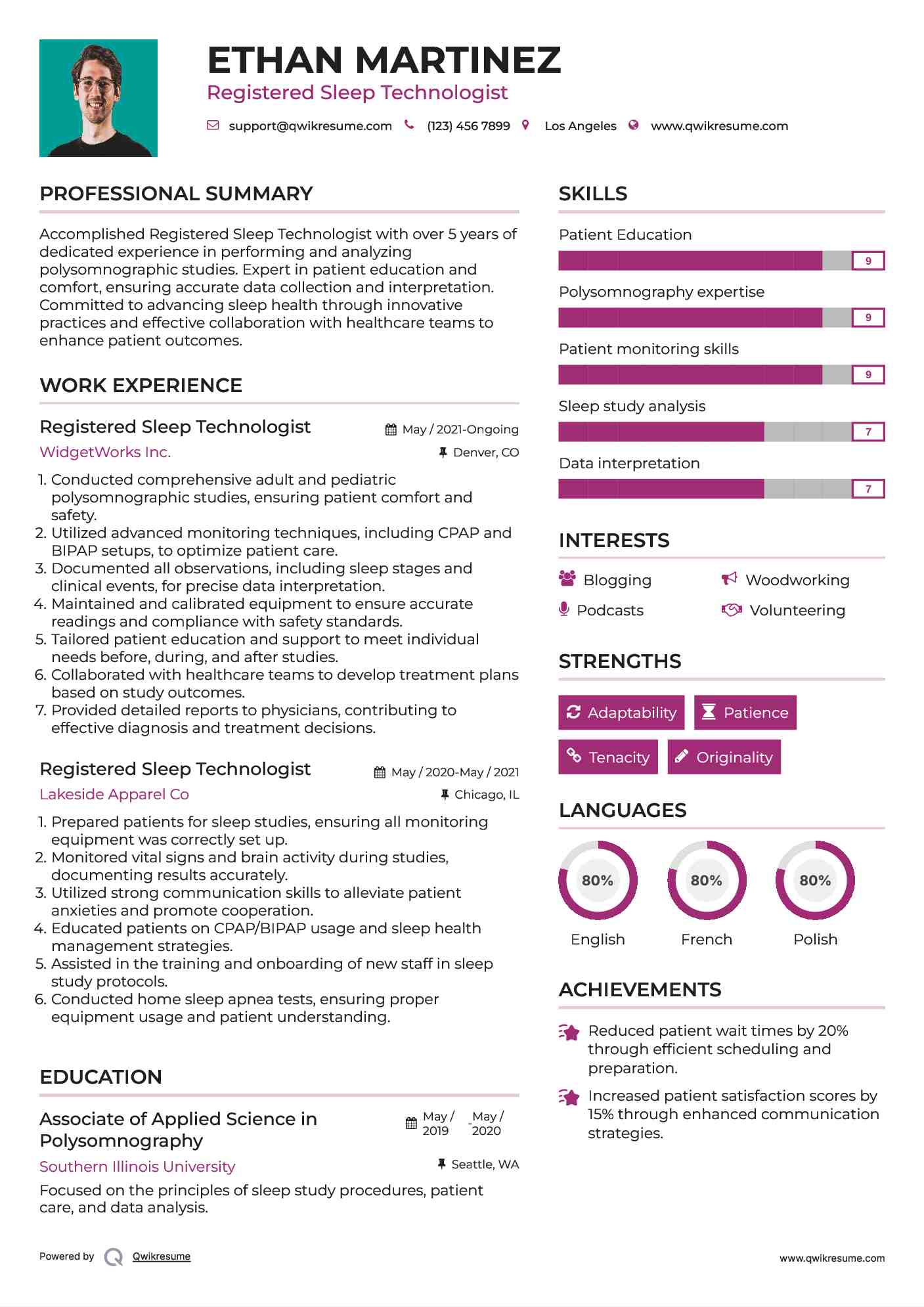 Registered Sleep Technologist Resume Sample